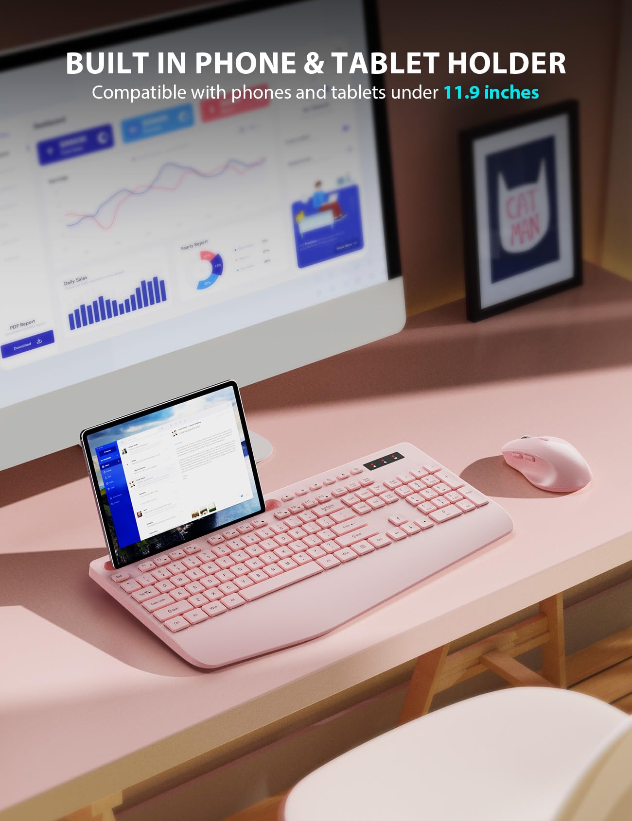 Bezprzewodowa klawiatura i mysz – pełnowymiarowa ergonomiczna klawiatura z podpórką pod nadgarstek, uchwyt na telefon, tryb uśpienia, bezprzewodowa klawiatura i mysz 2,4 GHz, cicha, do komputera