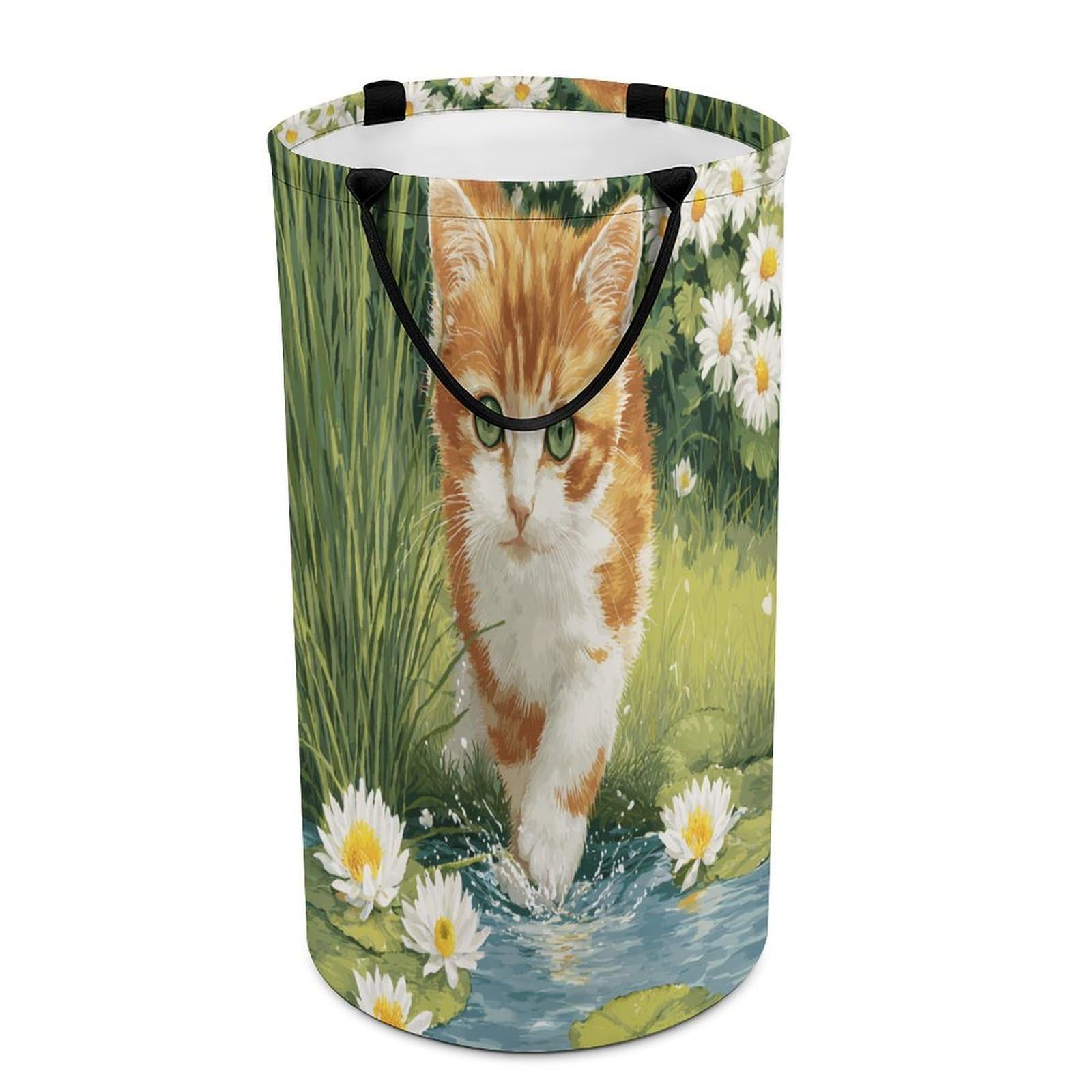 LUYYSKY Funny Watercolor Cute Cat Collapsible Dirty Clothes Basket, Classic Rustic Botanical Daisies Flowers Animal Kitten Pattern Portable Clothes Storage Basket