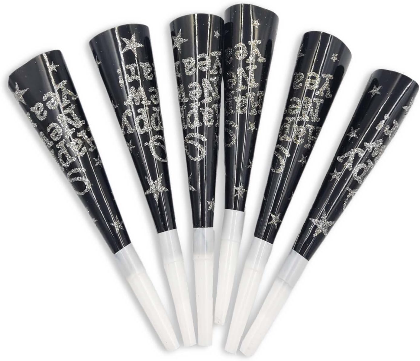 PARTY TIMESet of 6 Black and Silver Happy New Year Horns, New Years Noisemaker Toys for Kids and Adults, New Years Eve Party Supplies, Festive Party Props Decorations
