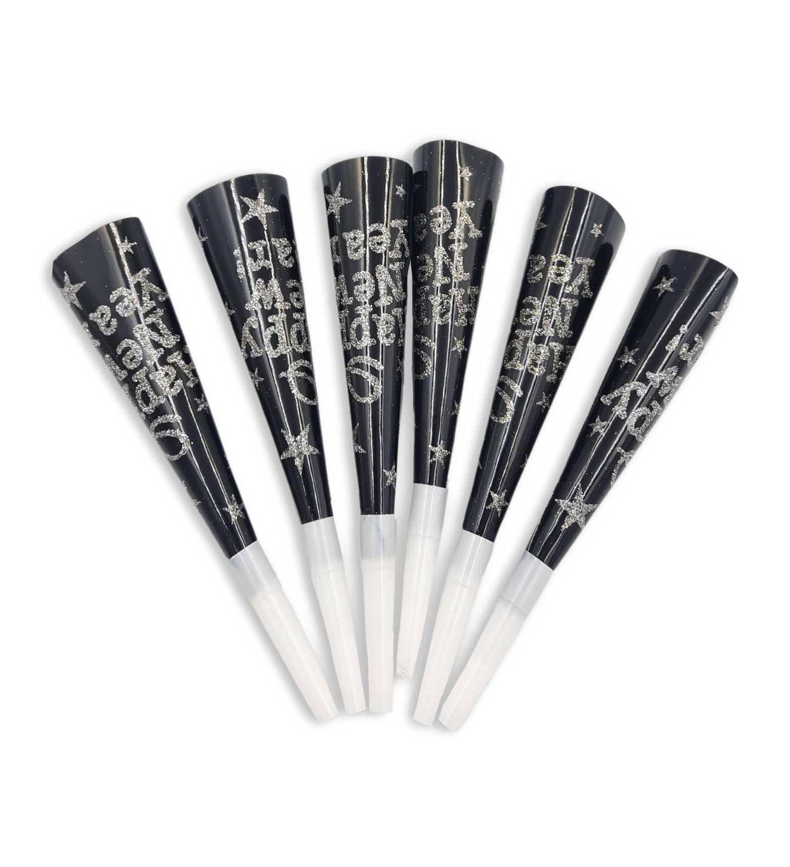 PARTY TIMESet of 6 Black and Silver Happy New Year Horns, New Years Noisemaker Toys for Kids and Adults, New Years Eve Party Supplies, Festive Party Props Decorations