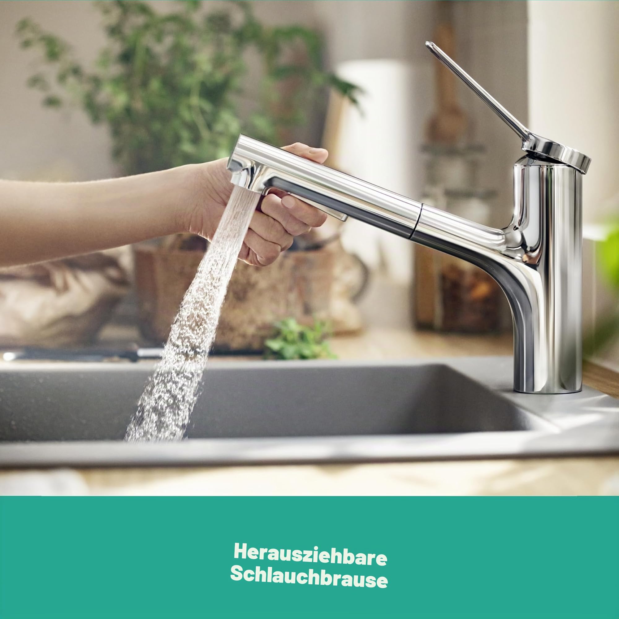 hansgrohe Zesis M33 - Küchenarmatur mit Brause ausziehbar, 2 Strahlarten, Wasserhahn Küche mit Auslaufhöhe 150 mm, Mischbatterie Küche 150° schwenkbar, Chrom, 74800000