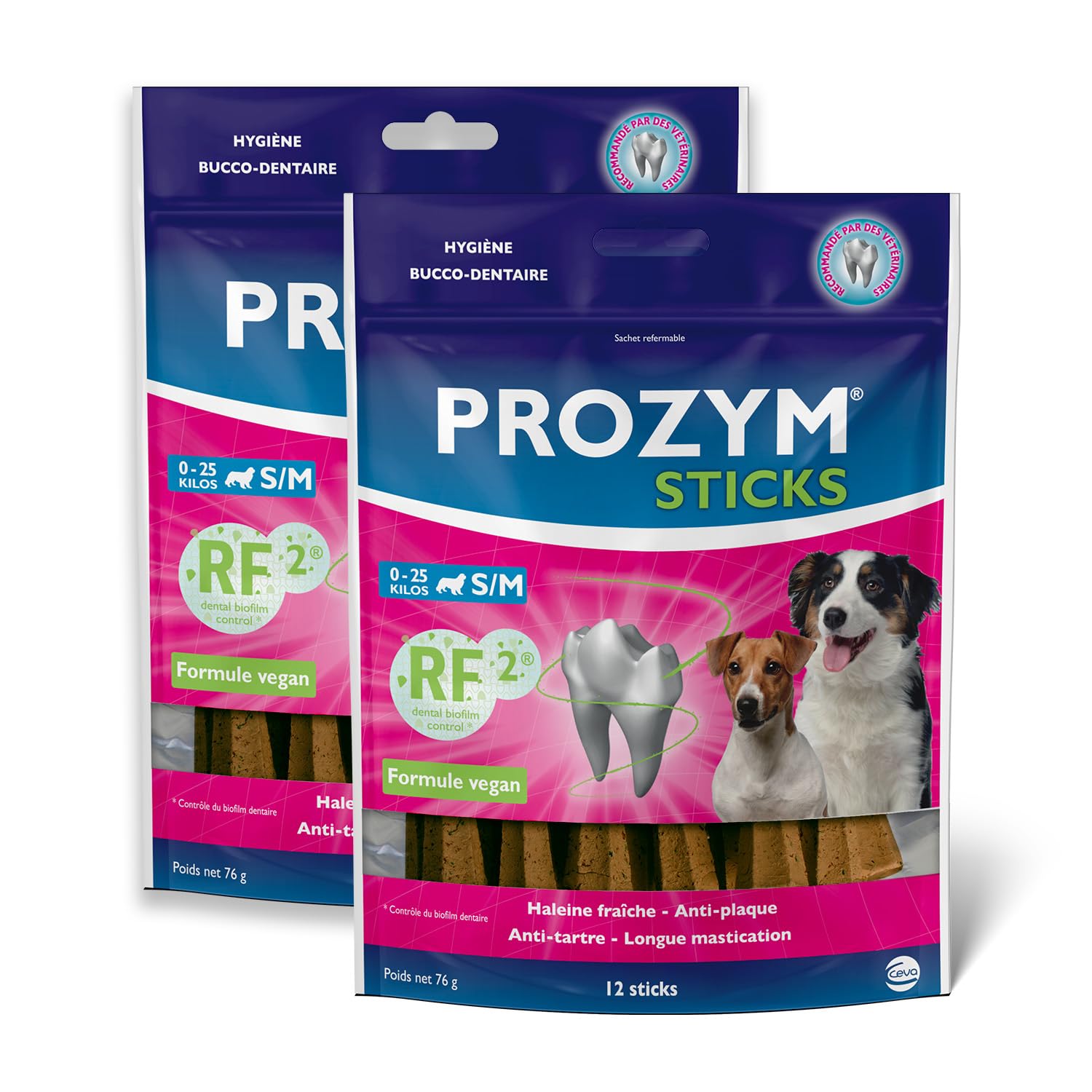PROZYM RF2 Pack 2x12 Sticks - Spéciale Hygiène Dentaire Naturelle - Recommandé par des Vétérianire - Formule Vegan pour Chien - 24 Sticks (-25kg)