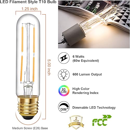 Miniatura 5 de TIANSHQ 6 bombillas LED E26 T10 tubulares, bombilla Edison blanca cálida de 2700 K, 4 W, regulable, T10, para luces colgantes, lámparas, bombillas