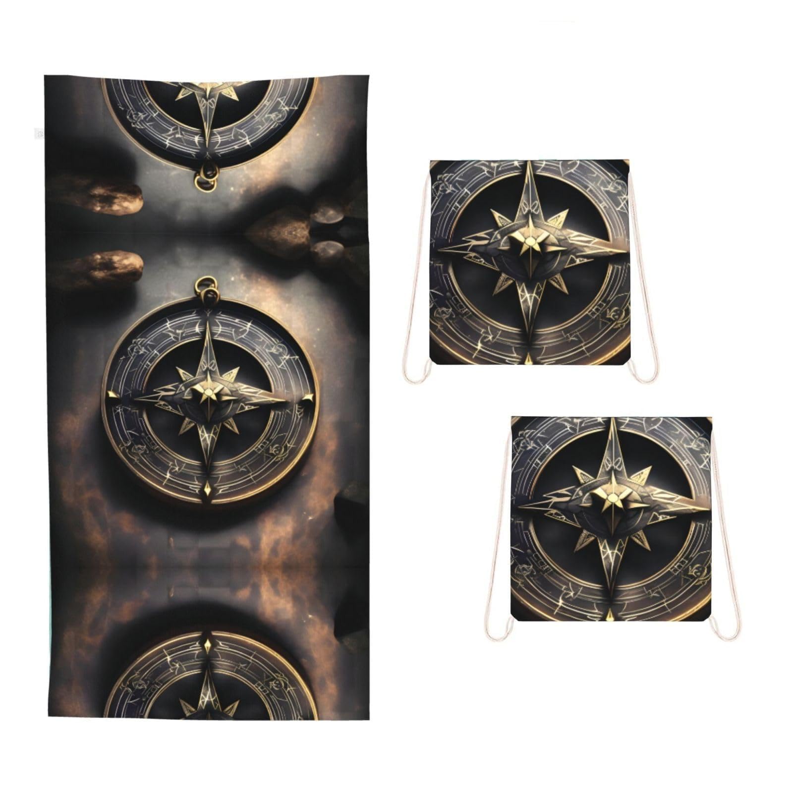 CNTDBU Magical Design Norse Runes Compass 2 in 1 Packable Towel Bag-Large Beach Towel with Stuff Sack, Super Absorbent Microfiber Travel Towel for Pool