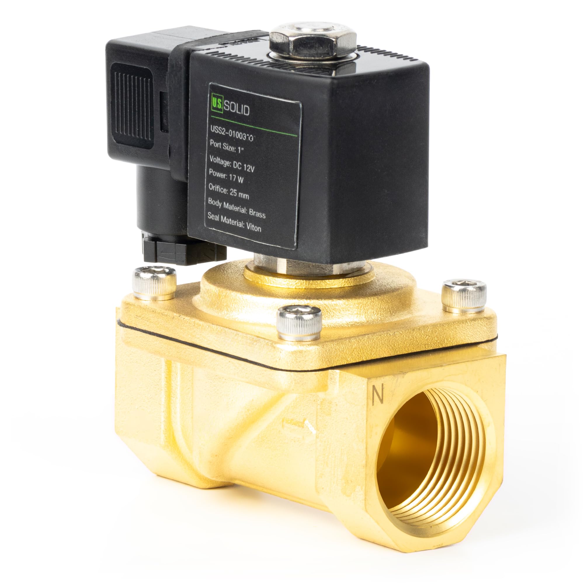 U.S. Solid Válvula solenoide de 1 pulgada, latón CC 12 V con sello Viton, normalmente cerrada, tipo caja de conexiones, rosca G