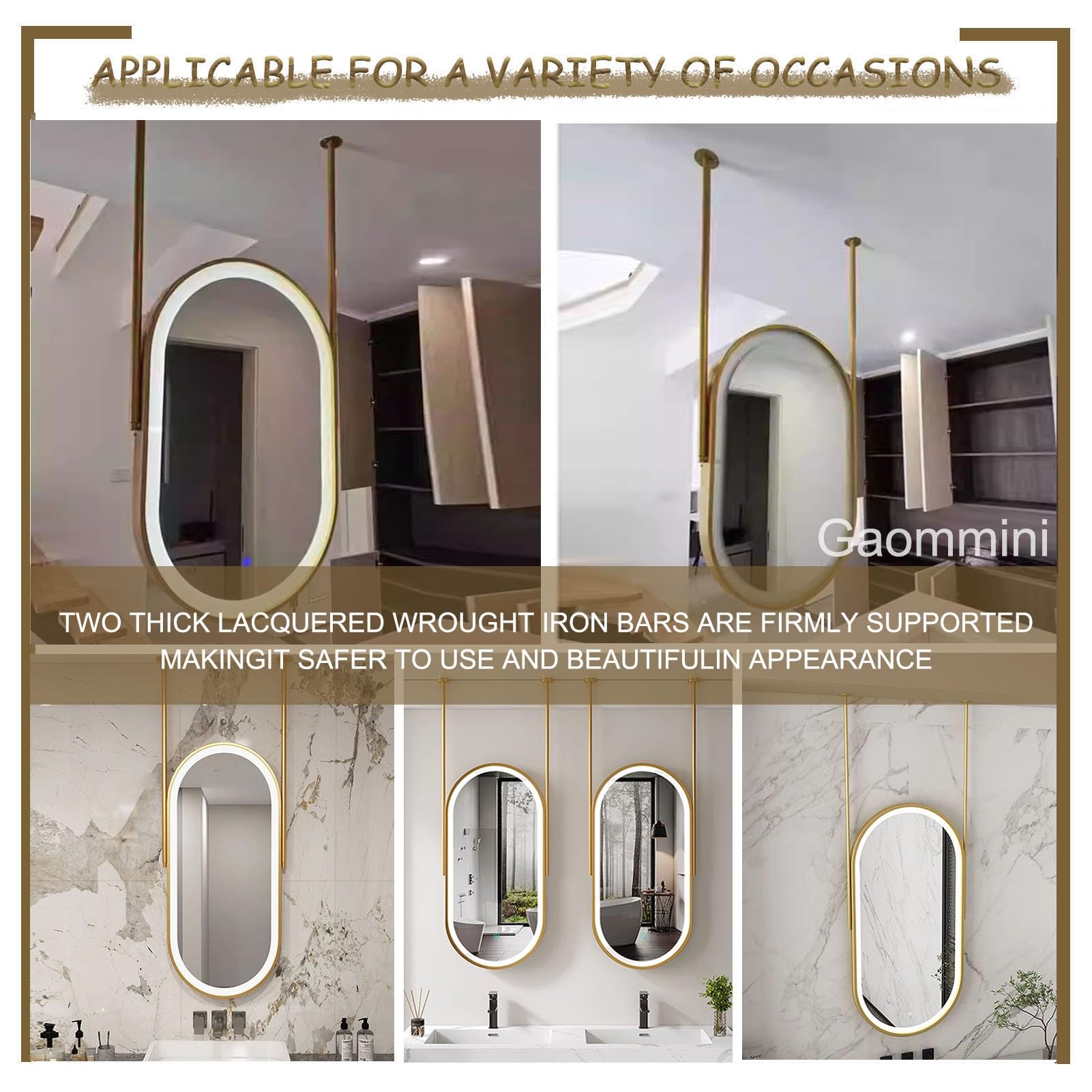 Espejo de Maquillaje Dorado con luz para Techo, Espejo Ovalado con Marco de Metal y Luces LED, Espejo de tocador de baño suspendido con Barra para Colgar en el Techo.(40cmx70cm)