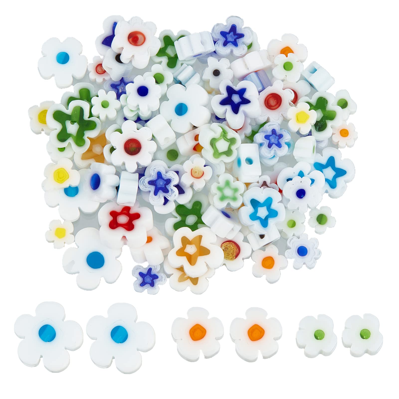 OLYCRAFT About 208~222Pcs Handmade Flower Millefiori Lampwork Glass Beads 3 Styles White Glass Flower Beads Loose Mosaic Beads for Jewelry Bracelet Necklace Making and DIY Craft