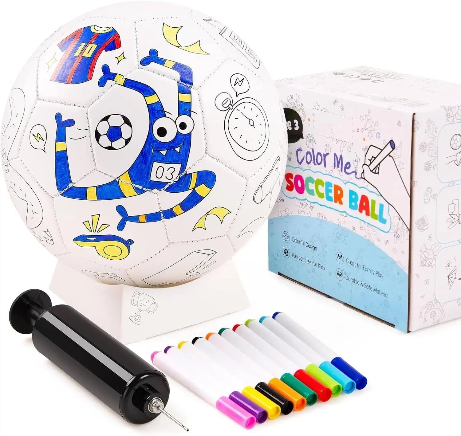 U&C Planet Ballon de Football Personnalisable Taille 3 à colorier pour Enfants de 3 à 8 Ans, Comprend 10 marqueurs lavables, Un Support et Une Pompe, PVC Durable