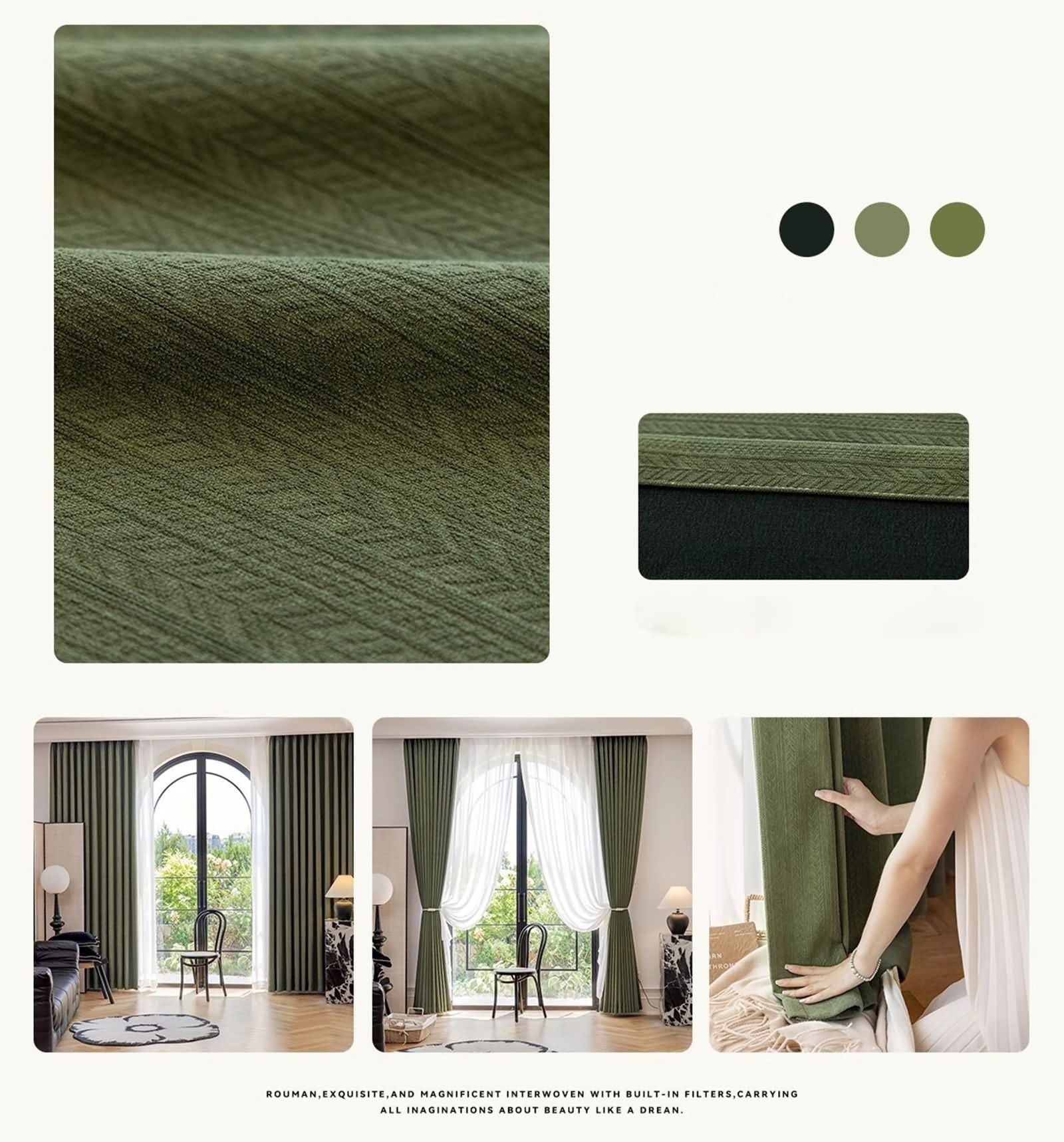 KnSam Rideaux Occultant Isolation Thermique Chenille Vert Olive, 2 Pièces, Rideau Fenetre Salon Jacquard Chevrons à Crochets, 102x138cm x 1pcs
