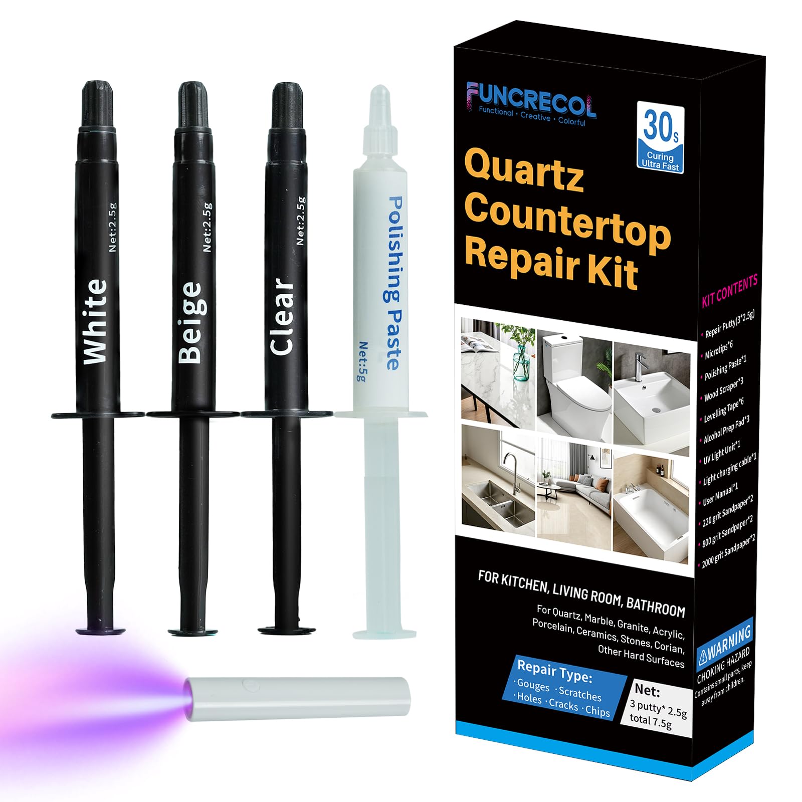 FUNCRECOL Quartz Worktop Repair Kit (Clear, White, Beige) 30s Quick-Drying Quartz Chip Repair Kit for Edge Chips, Cracks, Scratches and Holes on Quartz, Marble, Granite, Porcelain and Other Surfaces
