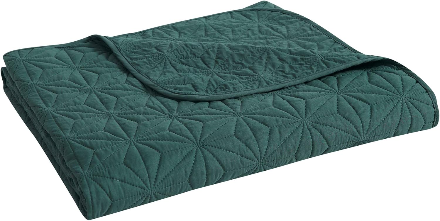 Full Green Microfiber Reversible Geometric Quilt Set