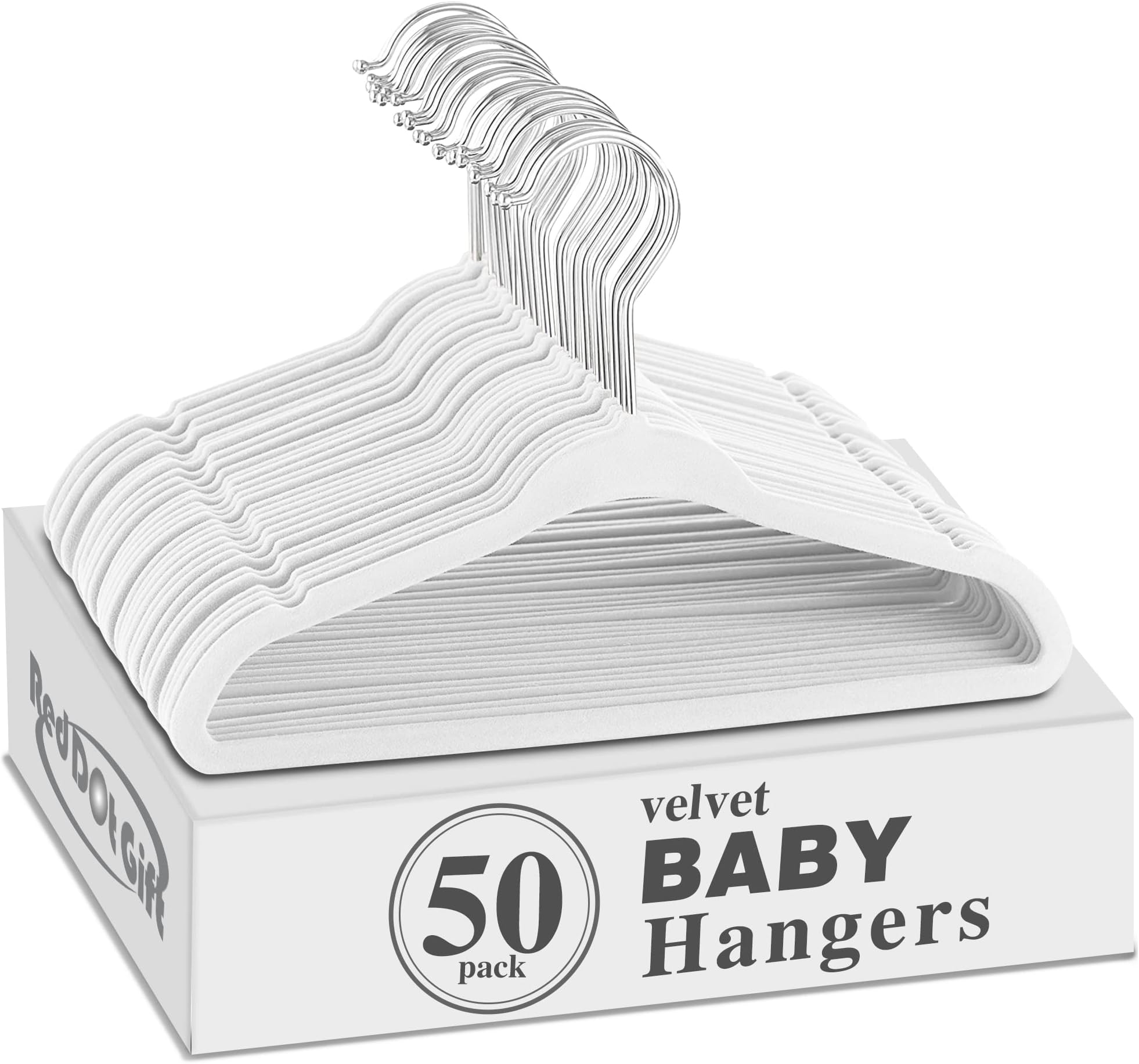 50 Pack Baby Velvet Hangers 11Inch/28cm - Nursery Clothes Hangers Non Slip Toddler Hangers, 360 Chrome Swivel Hook (White, 50)