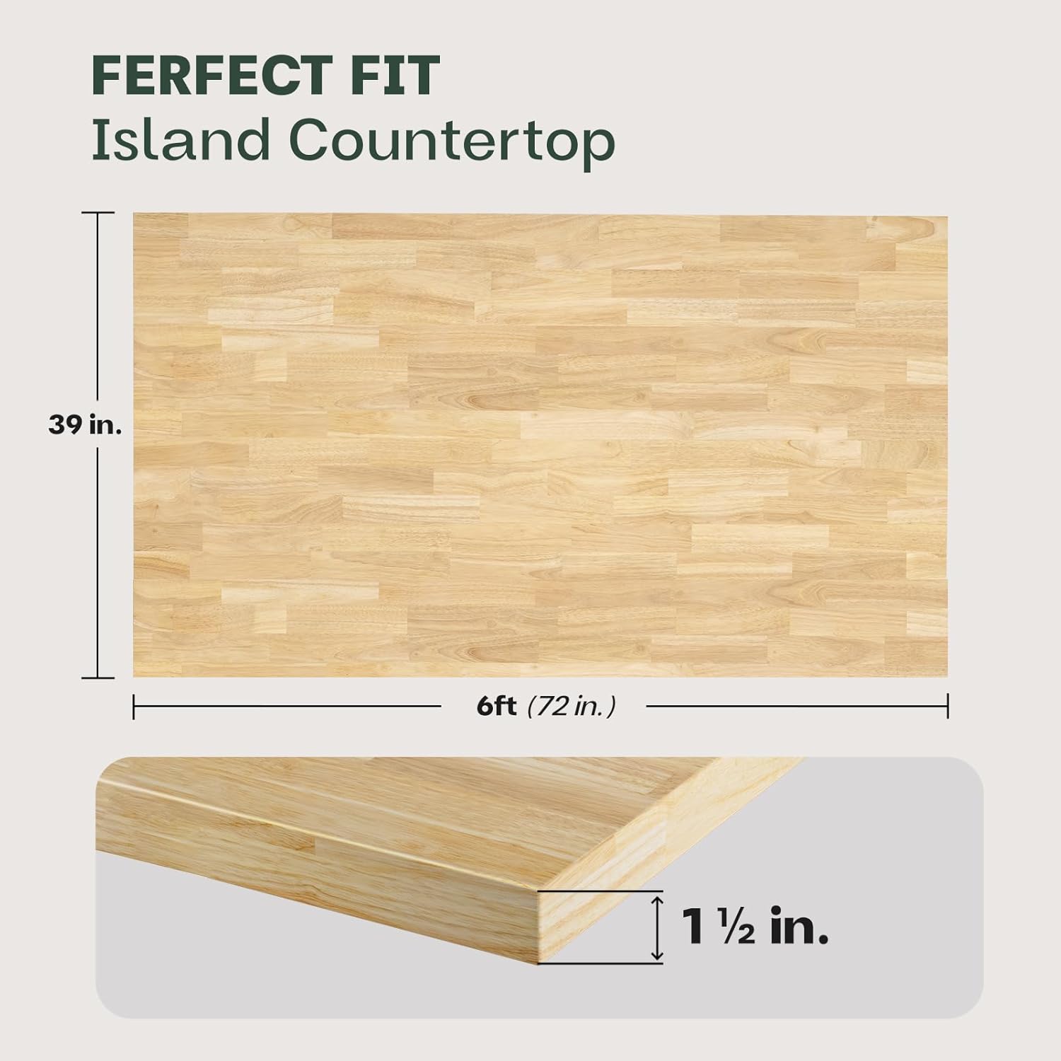 Bme Hevea Solid Wood 6ft L x 39" W Butcher Block Island Countertop, Unfinished Butcher Block Table Top for DIY Washer Dryer/Desktop/Kitchen Countertop, 1.5in Thick