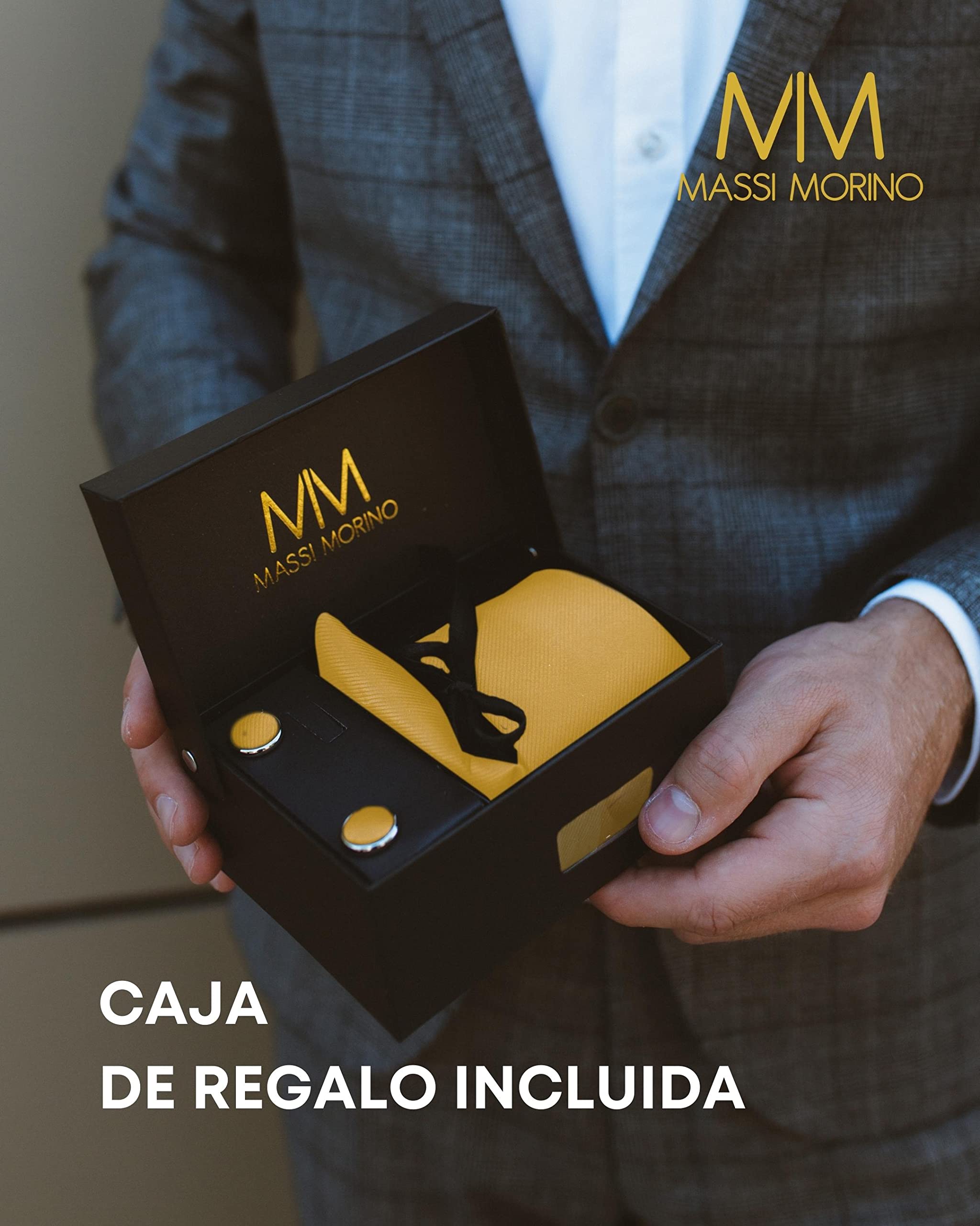 Massi Morino Set de Corbata con Pañuelo para Hombre incl. Gemelos, Pasador de Corbata y Caja de Regalo | Set de Corbata para Hombres para Bodas