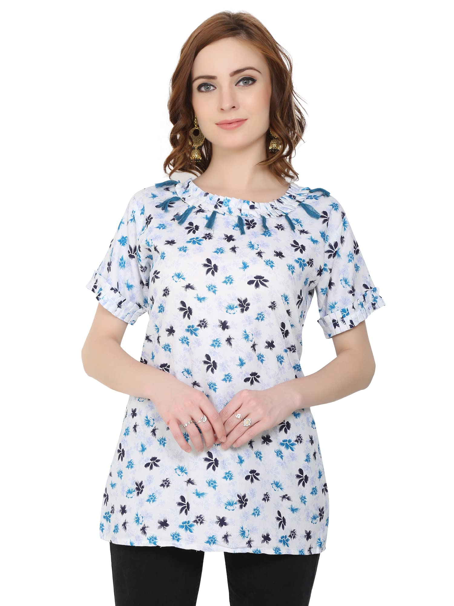 kushalmangal Women's Round Neck Rayon Flower Print Top (Free Size) (Blue-Black)-picture-13