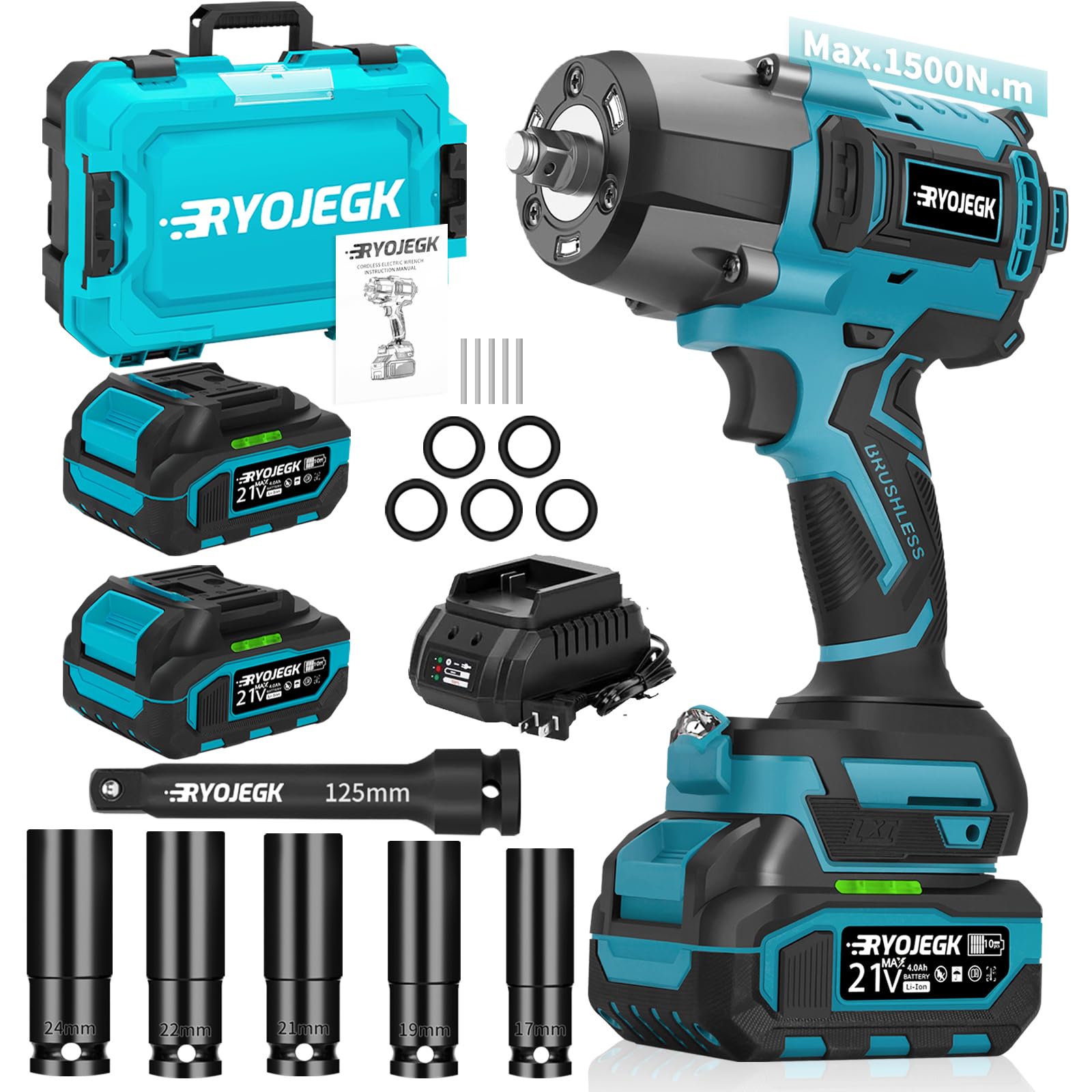 RYOJEGK 1500N.m Impact Wrench,1107Ft-lbs 1/2" Cordless Impact Gun,High Torque Brushless Power Impact Driver 3-Mode Speed with 2×4.0Ah Battery,Pistola