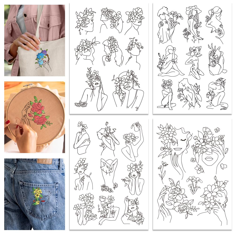 GLOBLELAND 4 Sheets Lady and Flower Water Soluble Stabilizer Hand Embroidery Stick and Stitch for DIY Sewing Embroidery Adhesive Hand Sewing Stabilizers 11.7x8.3inch