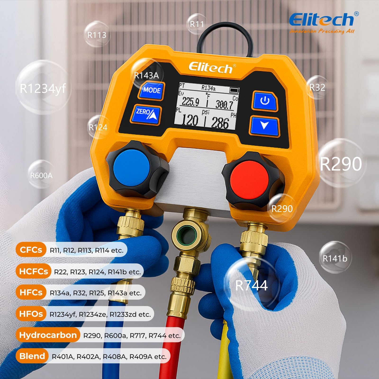 Elitech Digitales Manifold-Messgerät für 88 Kältemittel | Druckmessung von -14,7 bis 600 psi mit Sättigungstemperatur-Anzeige | ±1% Genauigkeit, LCD-Display, Auto-Off & IP54 für Kfz und Industriekälte