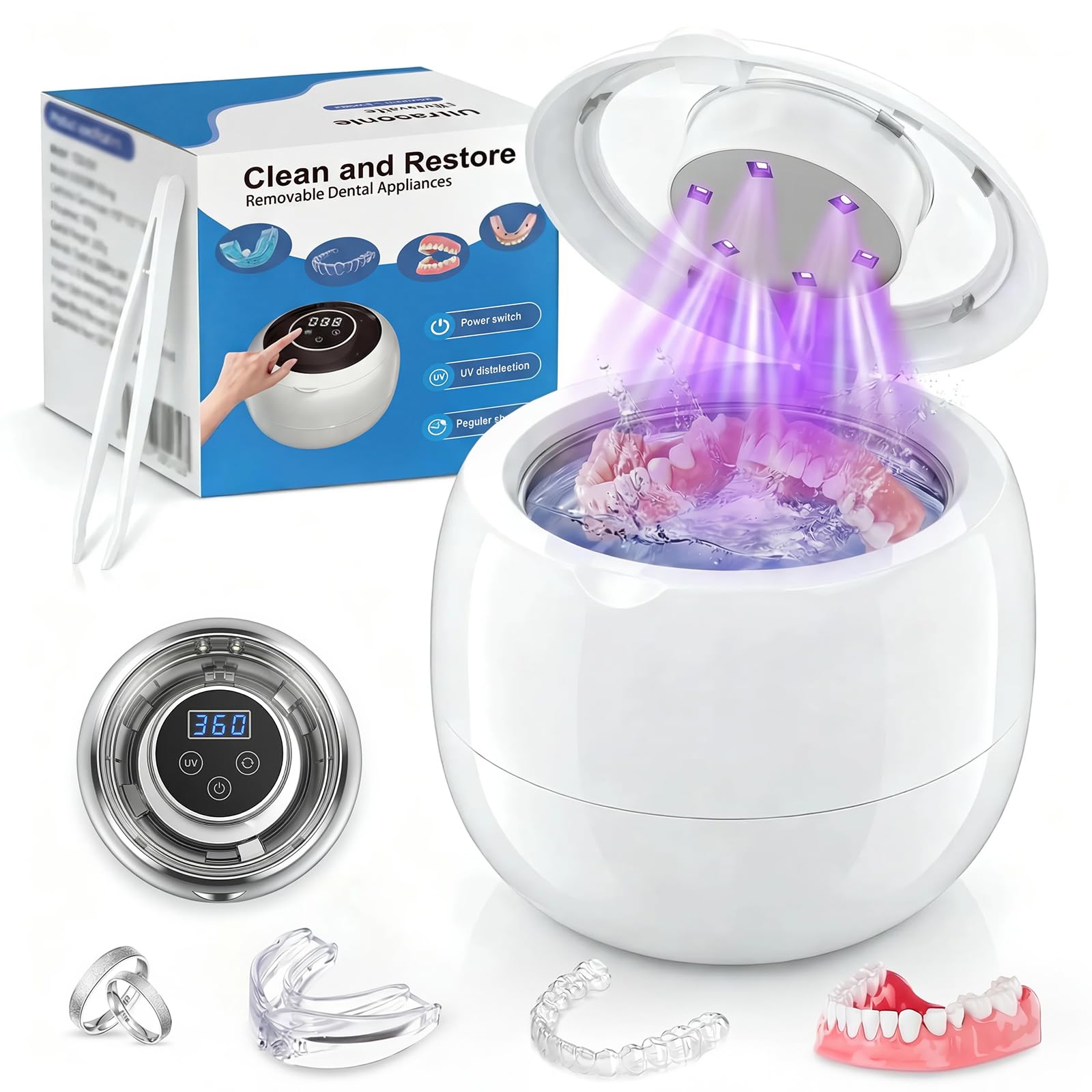 Ultraschallreinigungsgerät 45000Hz UV und 24W, aufladbarer Ultraschallreiniger mit 4 Modi – für Zahnersatz, Retainer, Aligner, Zahnschienen, Prothesen und Schmuck, inkl. digitalem Timer