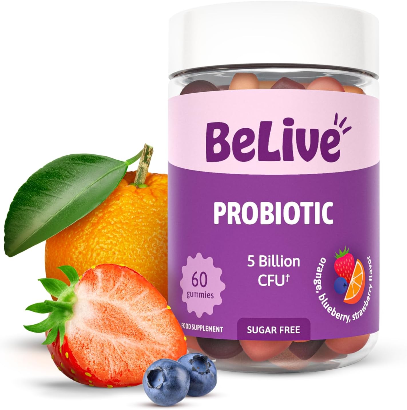 BeLive Probiotic Gummies - Probiotics with 5 Billion CFUs for Digestive Health, Men, Women & Kids - for Immune Support, Sugar Free & Vegan | 60 Ct – Blueberry, Strawberry & Orange (60 Count)