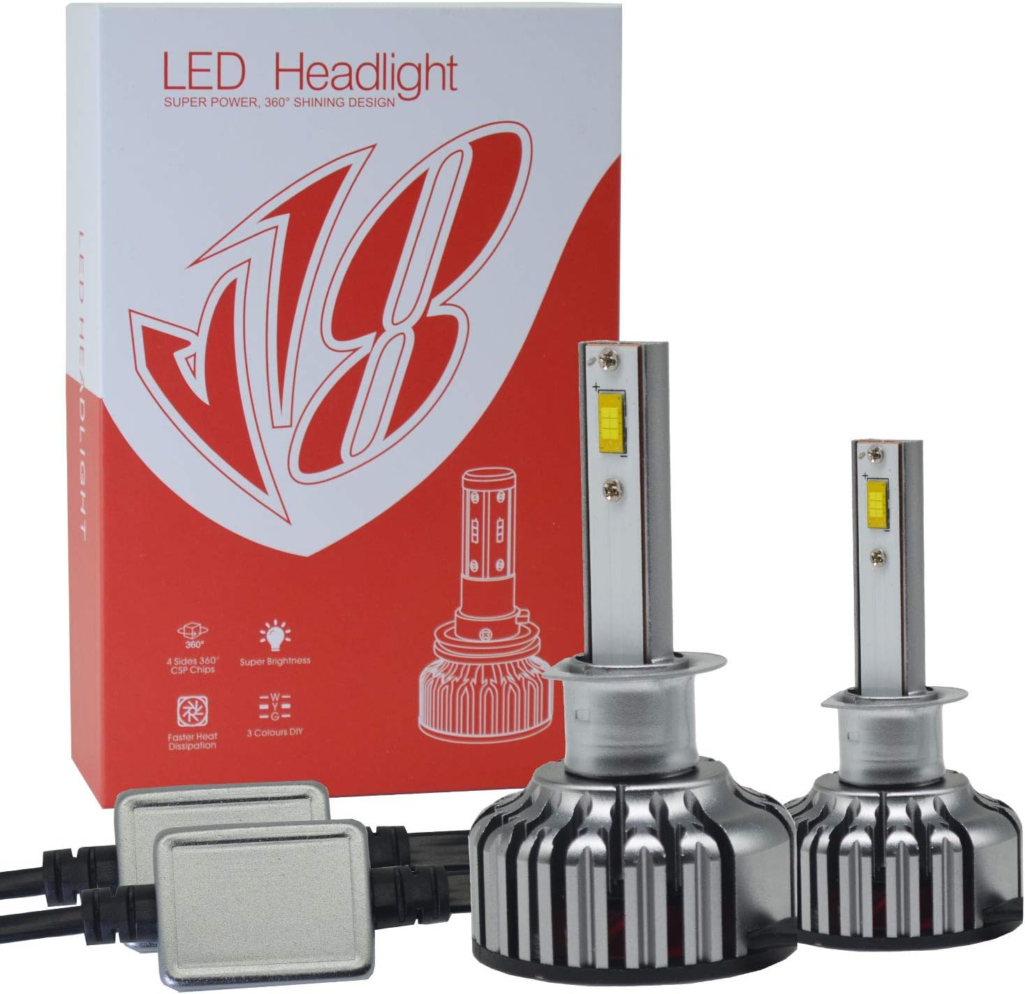 12000LM Super Bright 100W H1 LED Headlight Bulbs Conversion Kit 360 Degree High Low Beam for Car Lamp Replacement-White(6000K) -2 Pack 12months Warranty