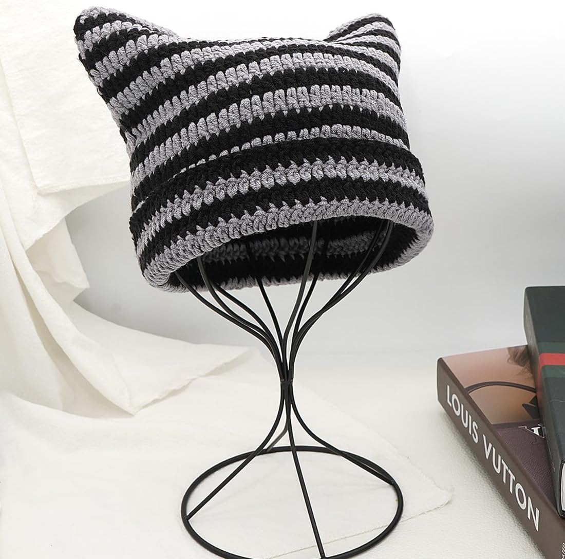 XYIYI Crochet Hats for Women Cat Ear Knit Hat Vintage Beanie Grunge Accessories Slouchy Beanies for Womens - Image 3