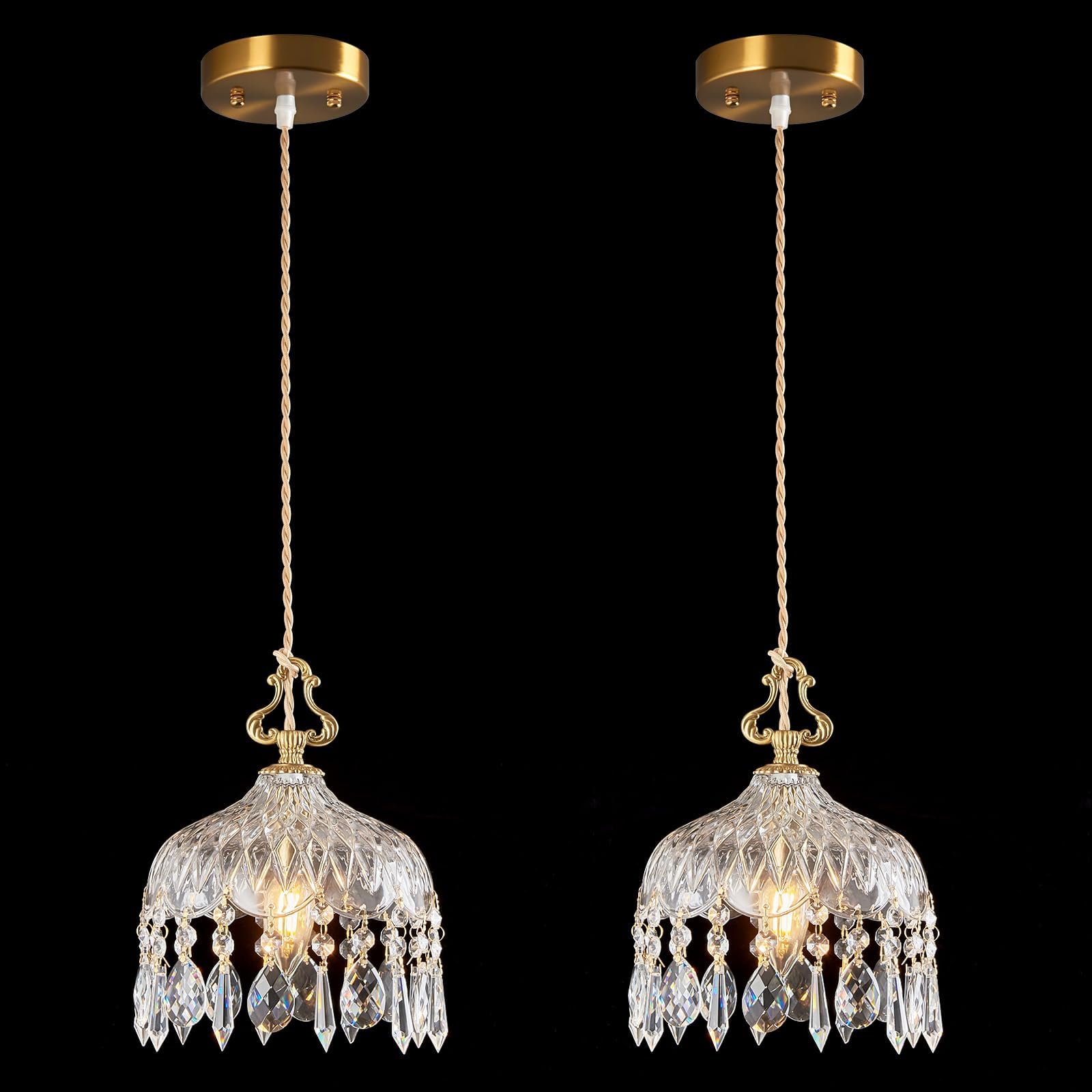 Brass Vintage Glass Pendant Light Crystal Hanging Light Fixtures,Adjustable Height Single Head Pendant Lights for Dining Room Living Room Bedroom Hallway(2-Pack)