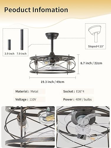 Miniatura 6 de Ventilador de techo de 20 pulgadas estilo granja con luz, ventiladores de techo enjaulados sin aspas con luces y control remoto, pequeño ventilador