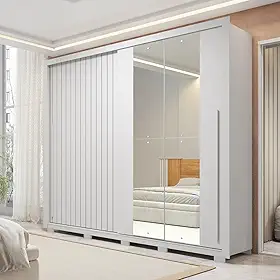 Guarda-roupa Casal Ripado com Espelhos 2 Portas e 4 Gavetas Suburban Gold Espresso Móveis Branco