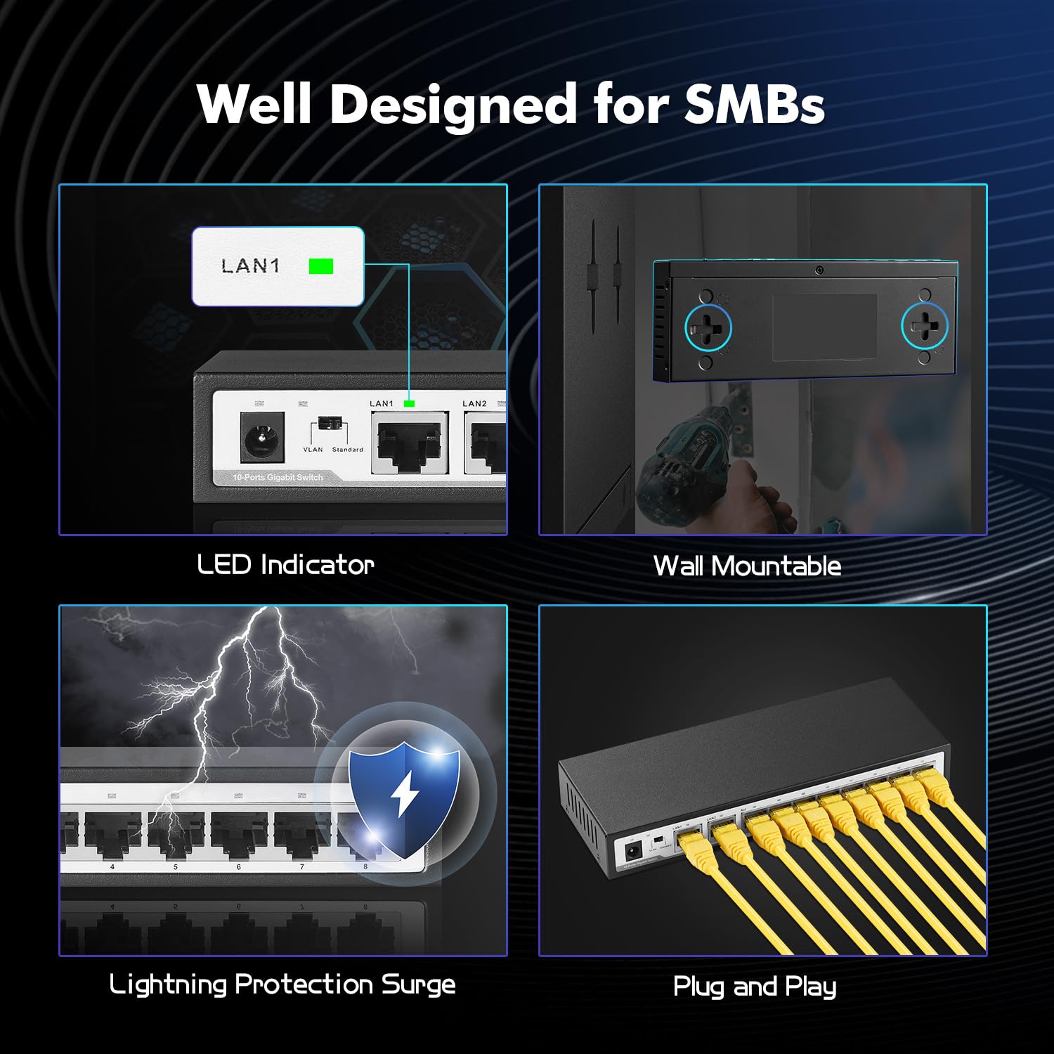 YuLinca 10 Port Gigabit Ethernet Switch, 8 x 100/1000Mbps Ports, 2 Gigabit Uplink, Support Vlan, Metal Fanless Unmanaged Plug and Play