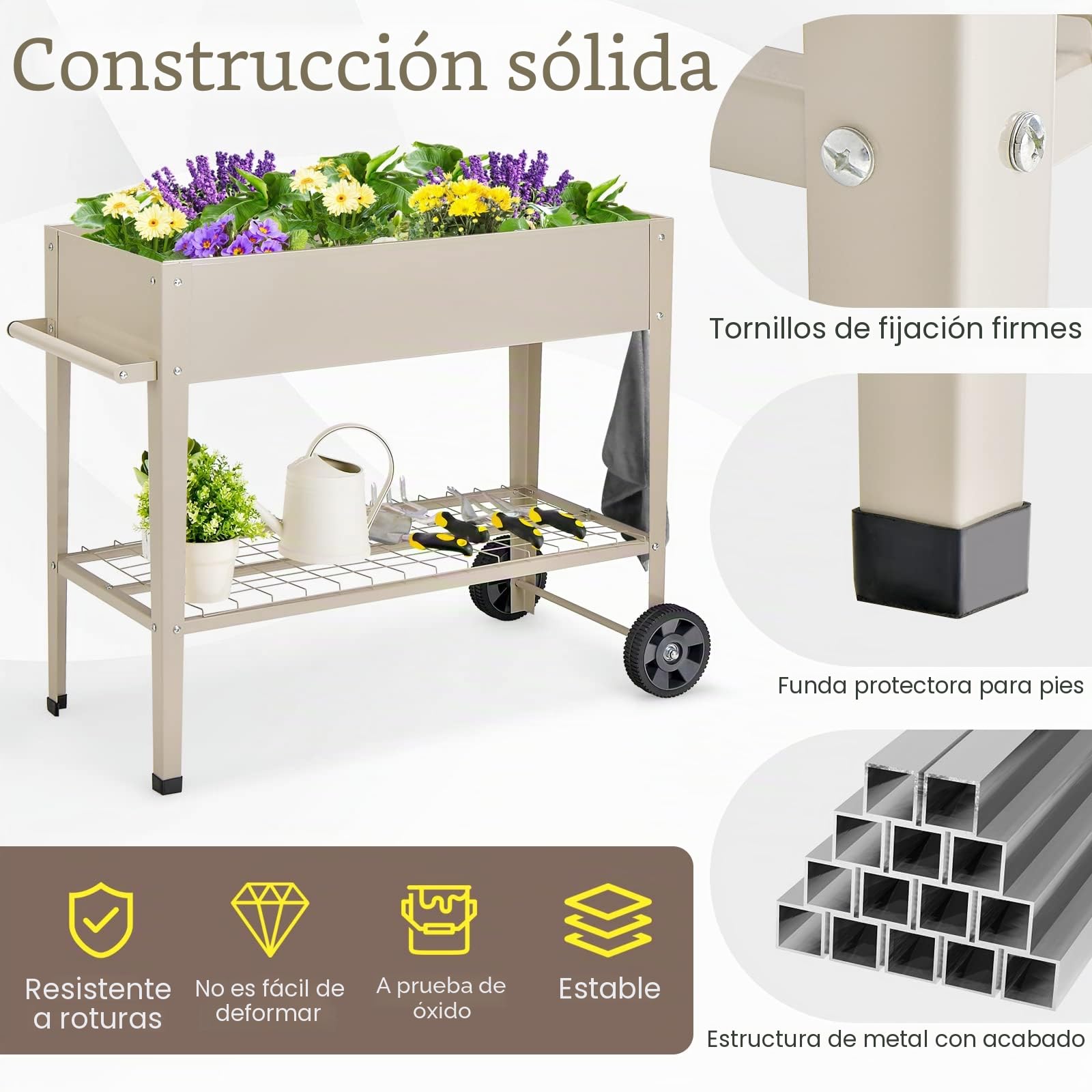 GOPLUS Huerto Urbano con Ruedas, Cama Elevada con Estante y 2 Ganchos para Herramientas de Jardinería para Verduras, Hierbas y Otros Vegetales, 95 x 40 x 80 cm (Blanco)
