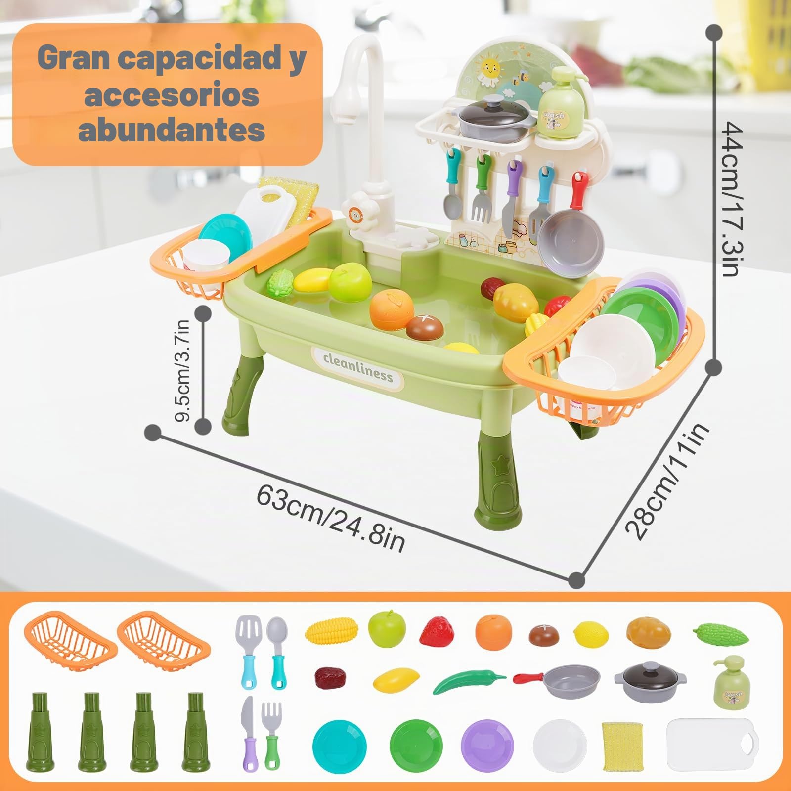 Fregadero Cocina Juguete con Agua,Lavaplatos Eléctrico Playhouse,RECirculación Automática del Agua, Accesorios,Regalo para niños pequeños y niñas 3+
