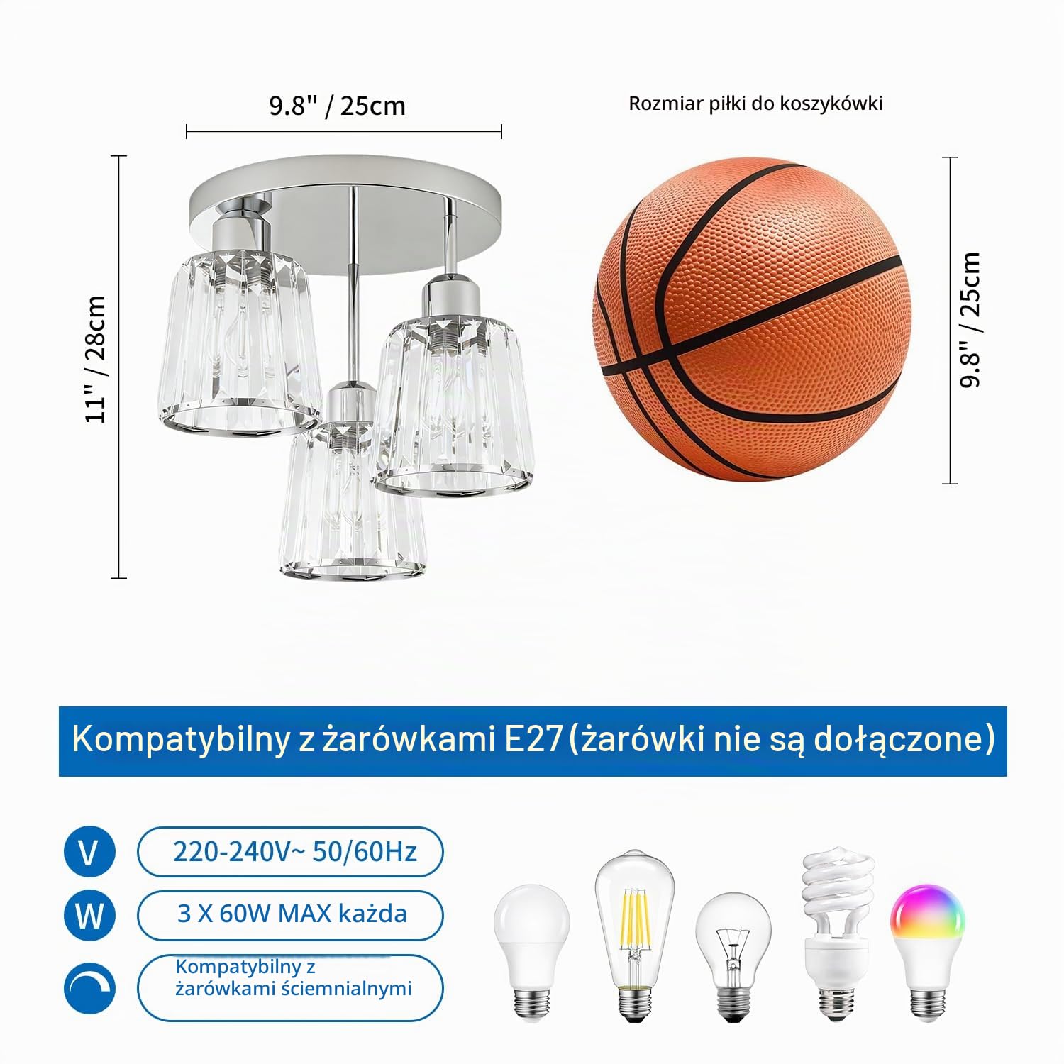 AANWIO Srebrne szklane lampy sufitowe, nowoczesne lampy sufitowe E27, lampa sufitowa do sypialni wyposażona w 3 szklane klosze, idealna do salonu, kuchni, łazienki (bez żarówki)