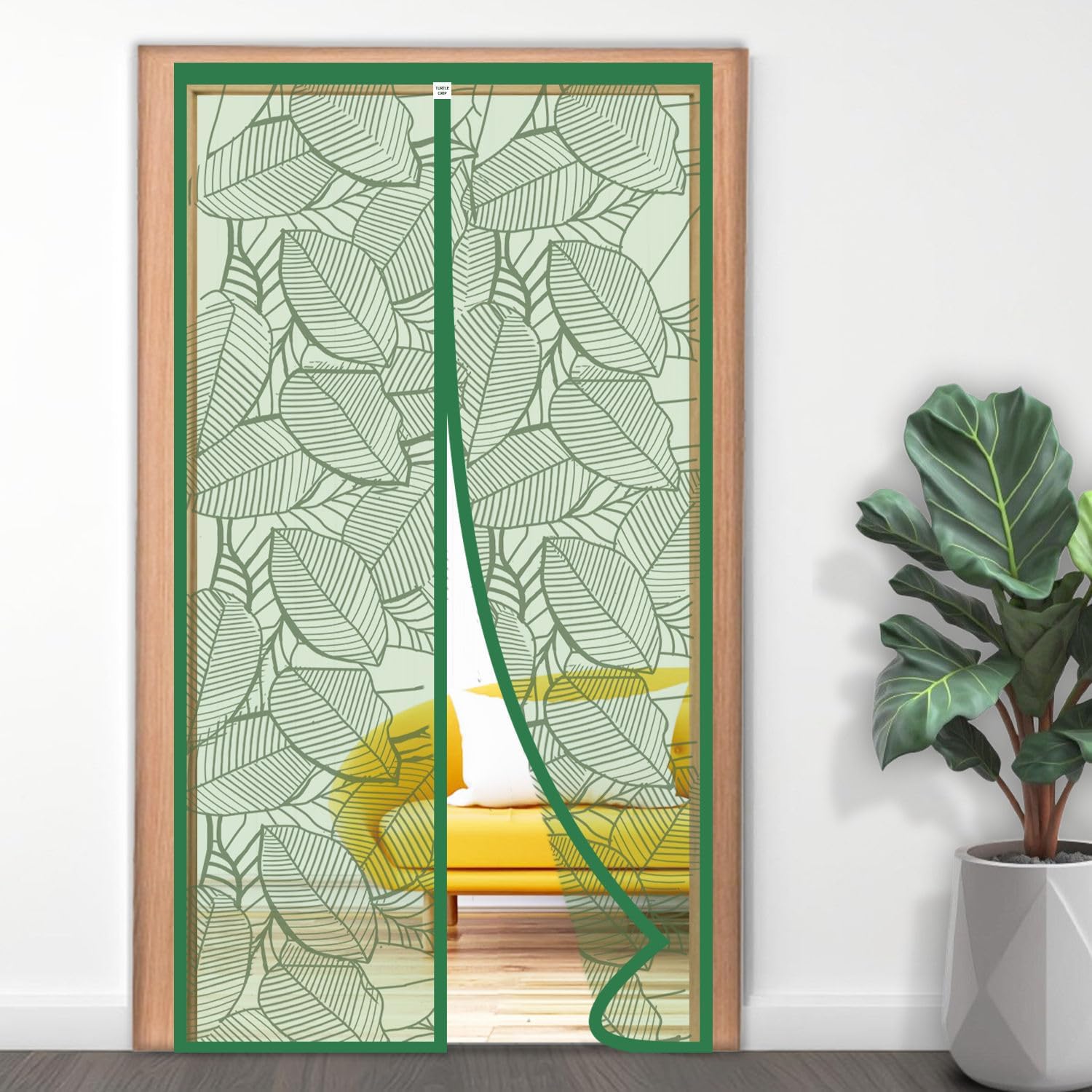 TurtleGrip polyester Door Mosquito Net Curtains with Magnet's New Leaf Pattern. Full Frame Hook & Loop for Main Doors, Bedroom, Kitchen & Balcony Doors(210x95, ForestGreen) |Measure Before Order