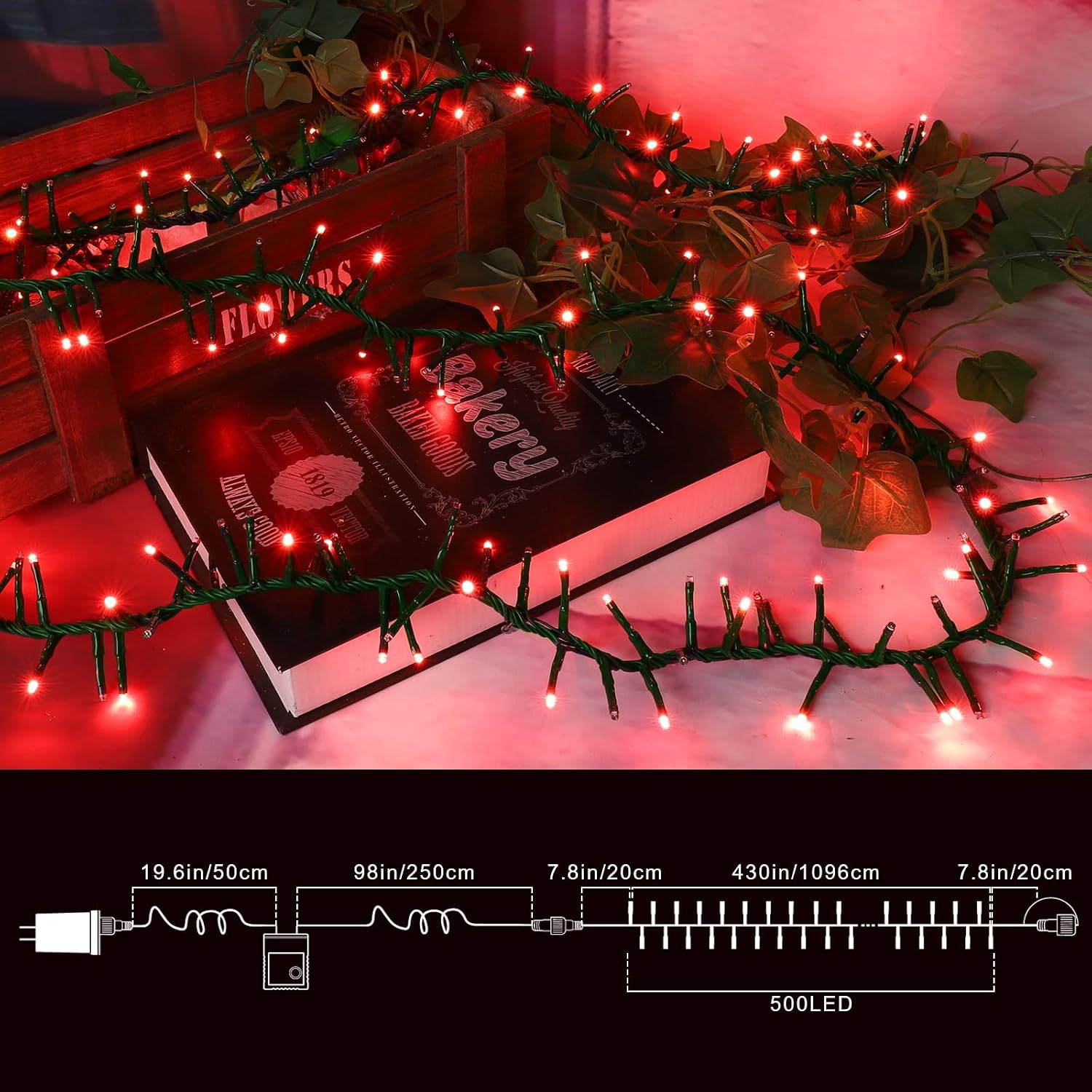 LAMPHOME 500 LED Red String Lights, 46ft 11 Modes Plug in Twinkle Fairy Lights, Waterproof Connectable Cluster Christmas Lights for Christmas Tree, Valentine's Day, Bedroom & Party Decor image 2