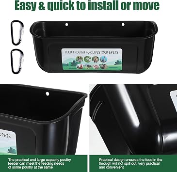 2 PCS Hanging Poultry Feed Trough, Chicken Trough Feeder Hanging Fence Feeder with Clips Goat Feeders Large Capacity for Chickens Ducks Geese Farm Animals (Black)
