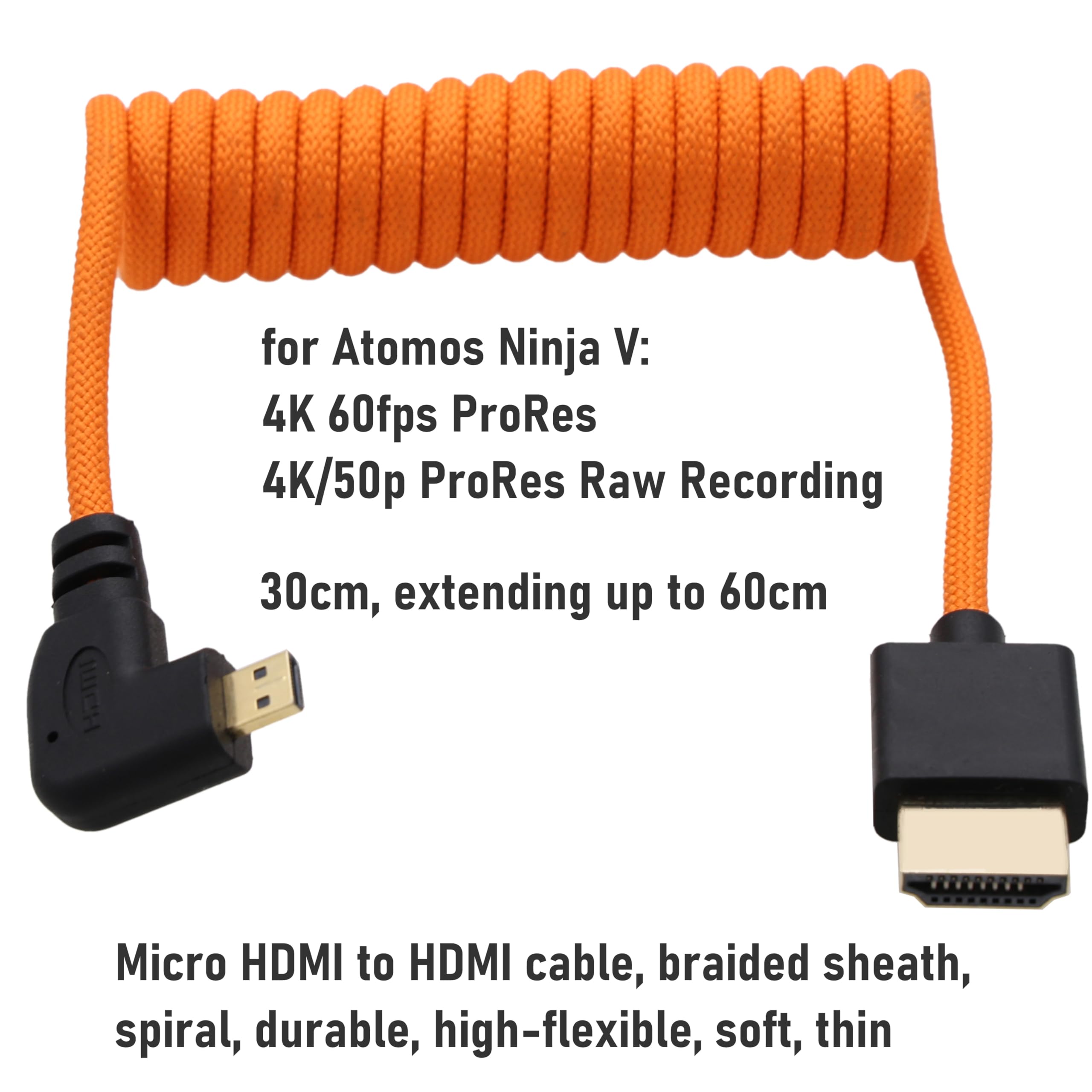 HangTon Cable micro HDMI 4K 8K Ultra HD para cámara Sony A6700 A7C Canon EOS R5 R7 GH4 X-T30II Z50 Cámara ATOMOS Ninja V Portkeys Monitor, tipo A D HDMI2.1 naranja trenzado en espiral 30 cm
