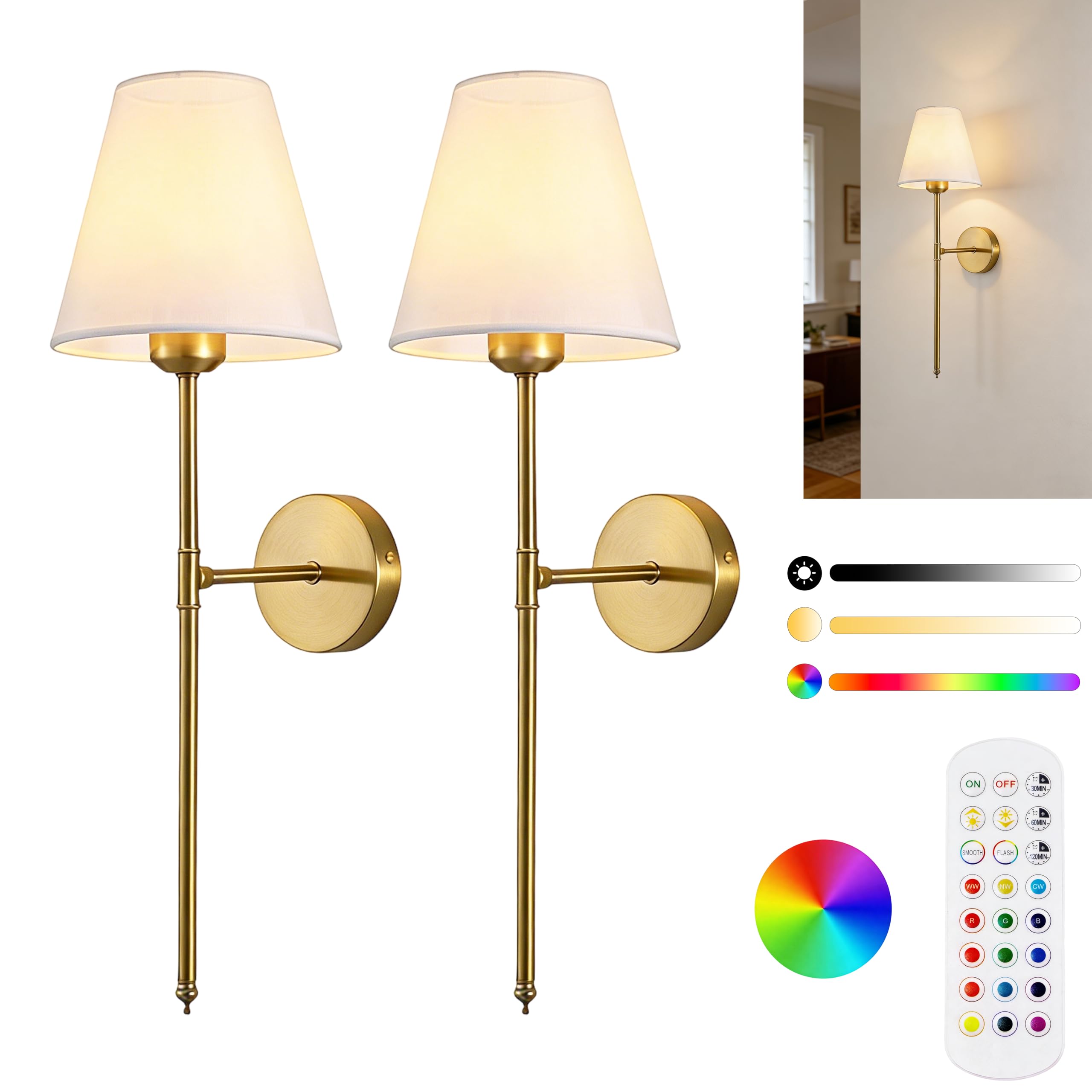 KEGOZ Battery Operated Wall Lights Set of 2, Rechargeable Battery Wall Lights Indoor, 12 RGB Colors Wireless Wall Light for Bedroom, Living Room, Hallway [Energy Class E]