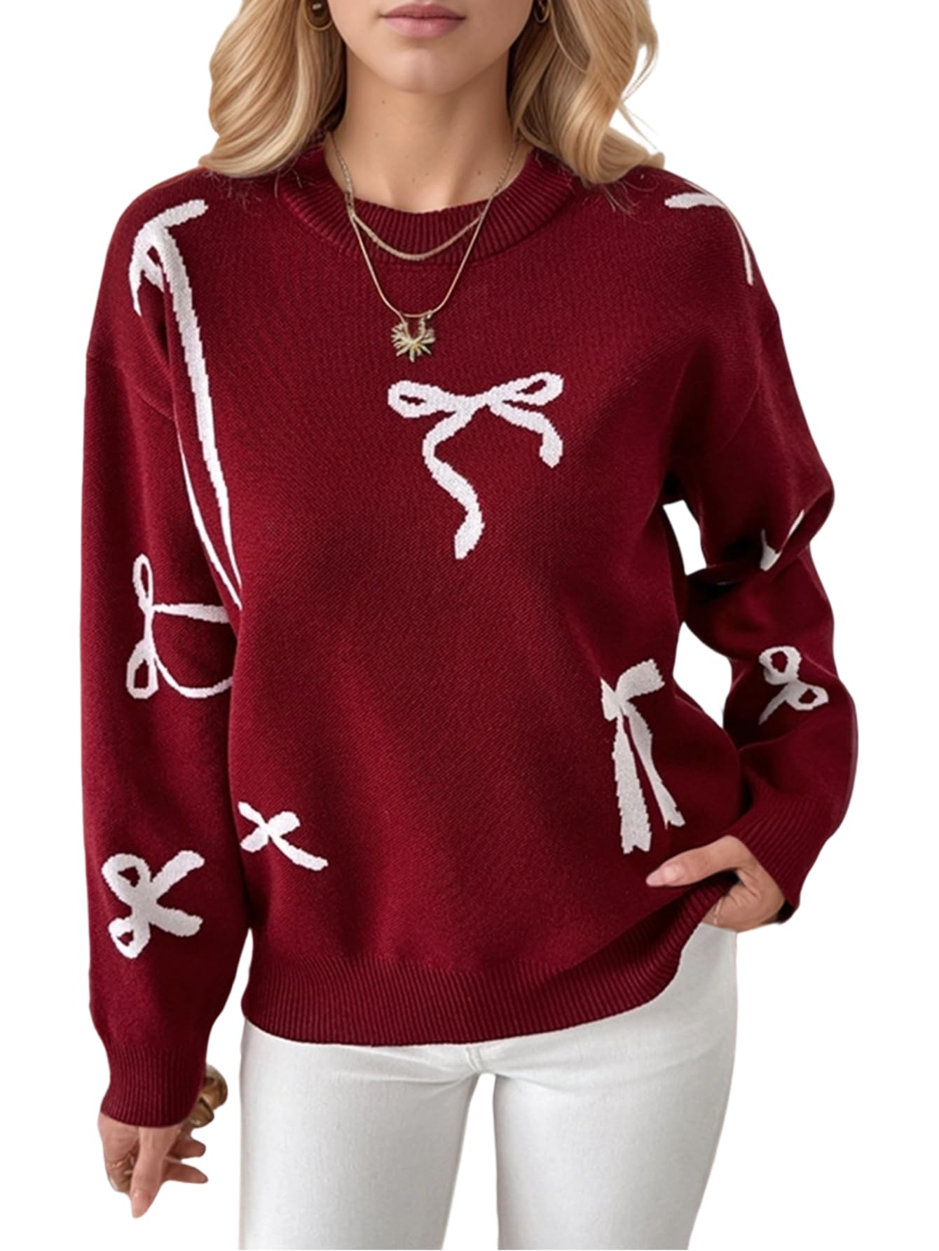 Womens Bow Print Pullover Top Crewneck Long Sleeve Sweater Loose Cute Chunky Knit Pullover Trendy Causal Sweater