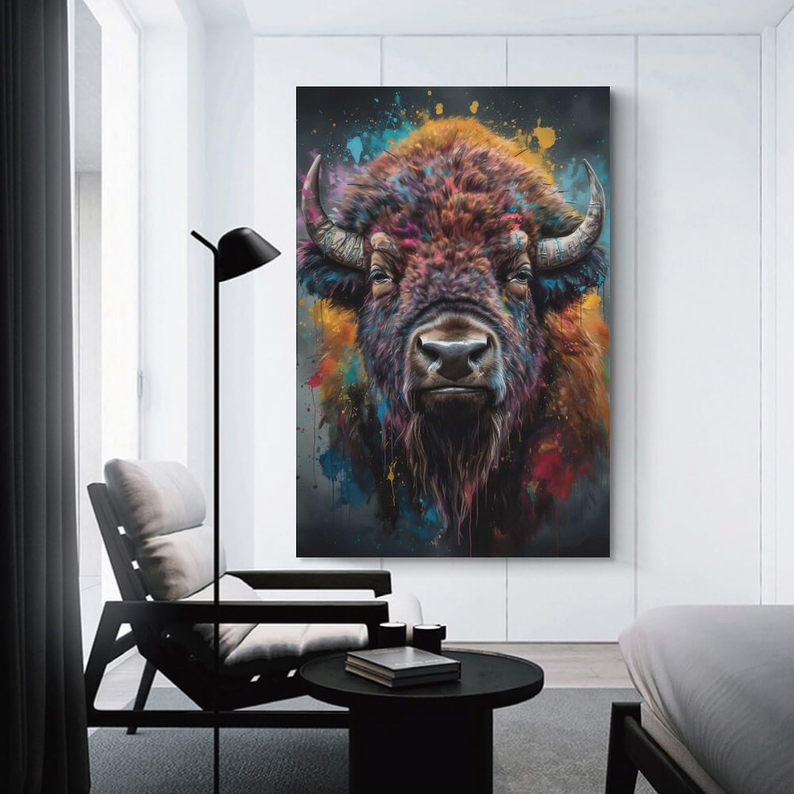Junmoney Colorful Buffalo Painting Canvas Wall Decor 12x18inch(30x45cm), for Workspace Walls, Study Corners Or Bedrooms, Decorative Artwork for Productive Spaces