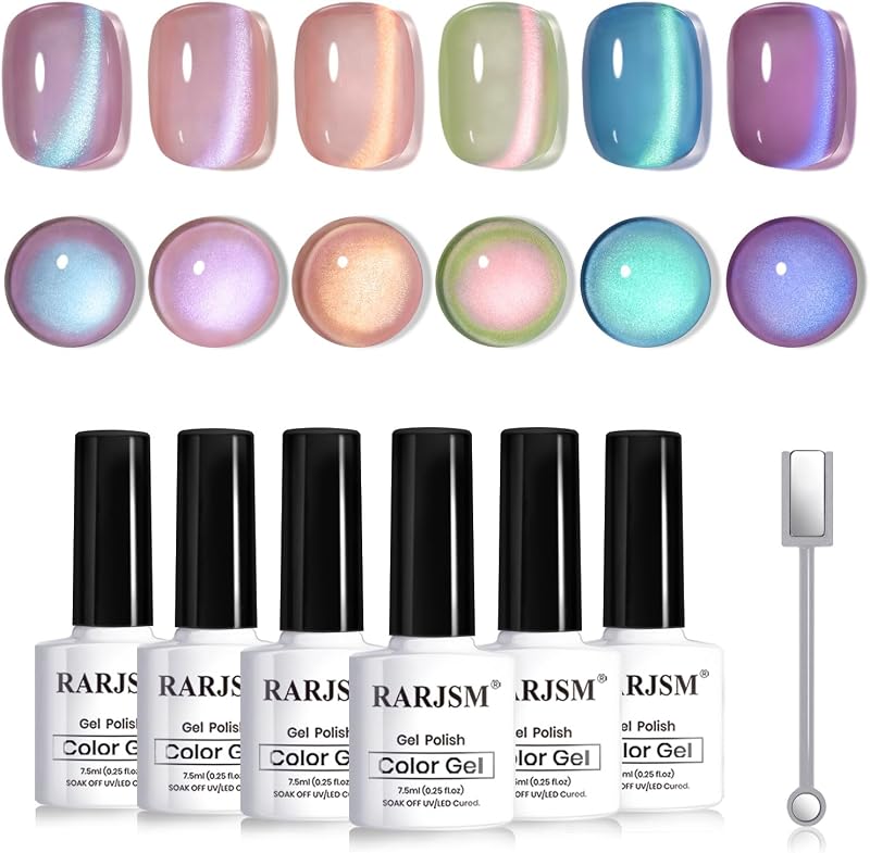 RARJSM Aurora Mermaid Cat Eye Gel Nail Polish Set 6pcs Reflective Pink Purple Green Blue Diamond Ceramic Glitter Glass Cateye Gelpolish with Magnet Stick 7.5ml Curing Requires Soak Off for Home Salon