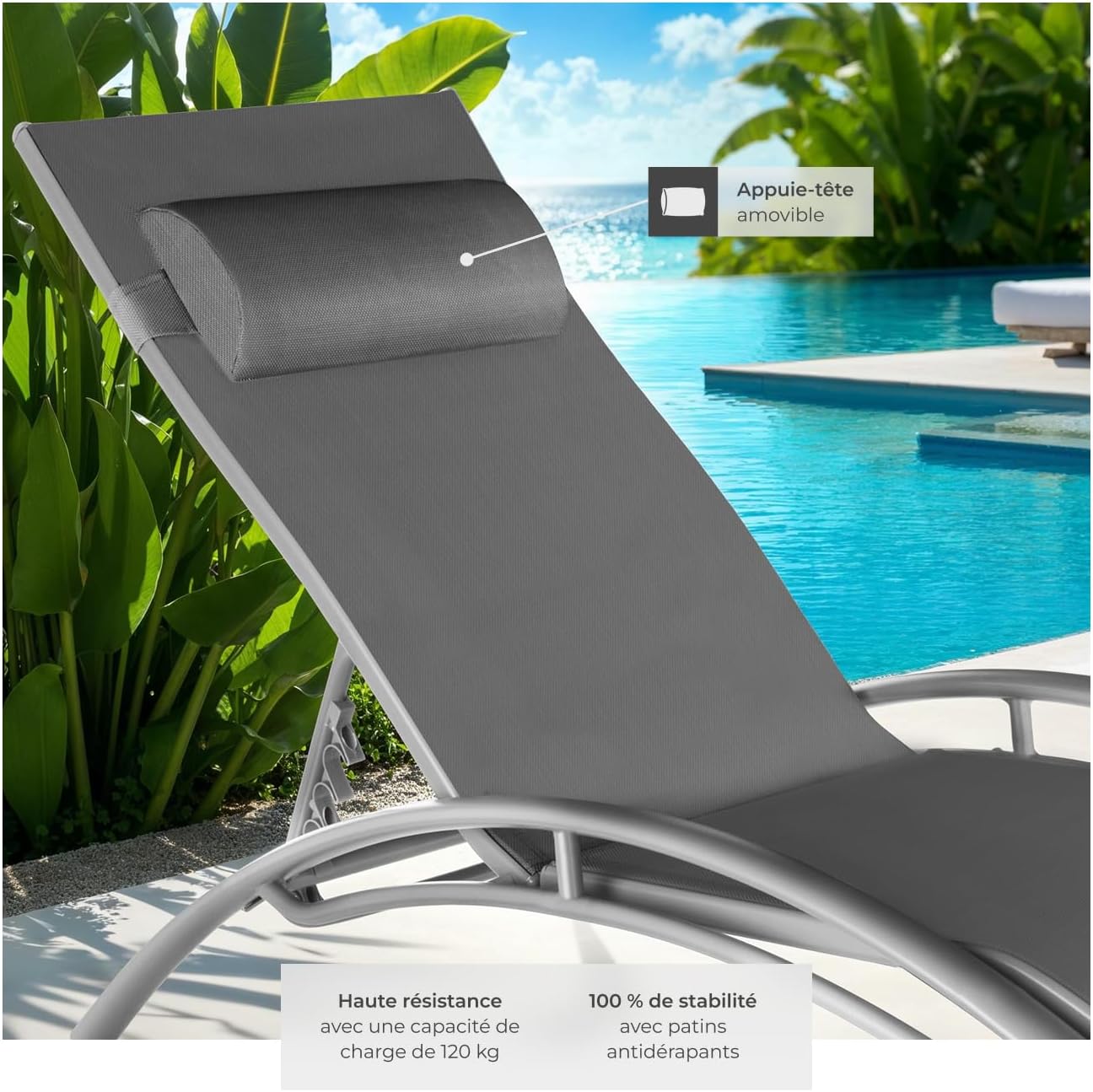 Close-up of the removable headrest on a grey tectake sun lounger, highlighting its adjustability and the lounger's stable feet.