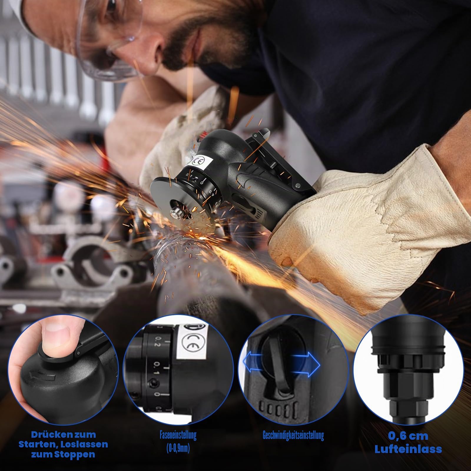 Pneumatische Anfasmaschine 2-in-1 Mini Luftfasenwerkzeug Pneumatisches Anfaswerkzeug Handheld 30000RPM 45° Bogenecke Mini Druckluft Fasenmaschine für Trimmen und Entgraten (C&R Winkelklingen)