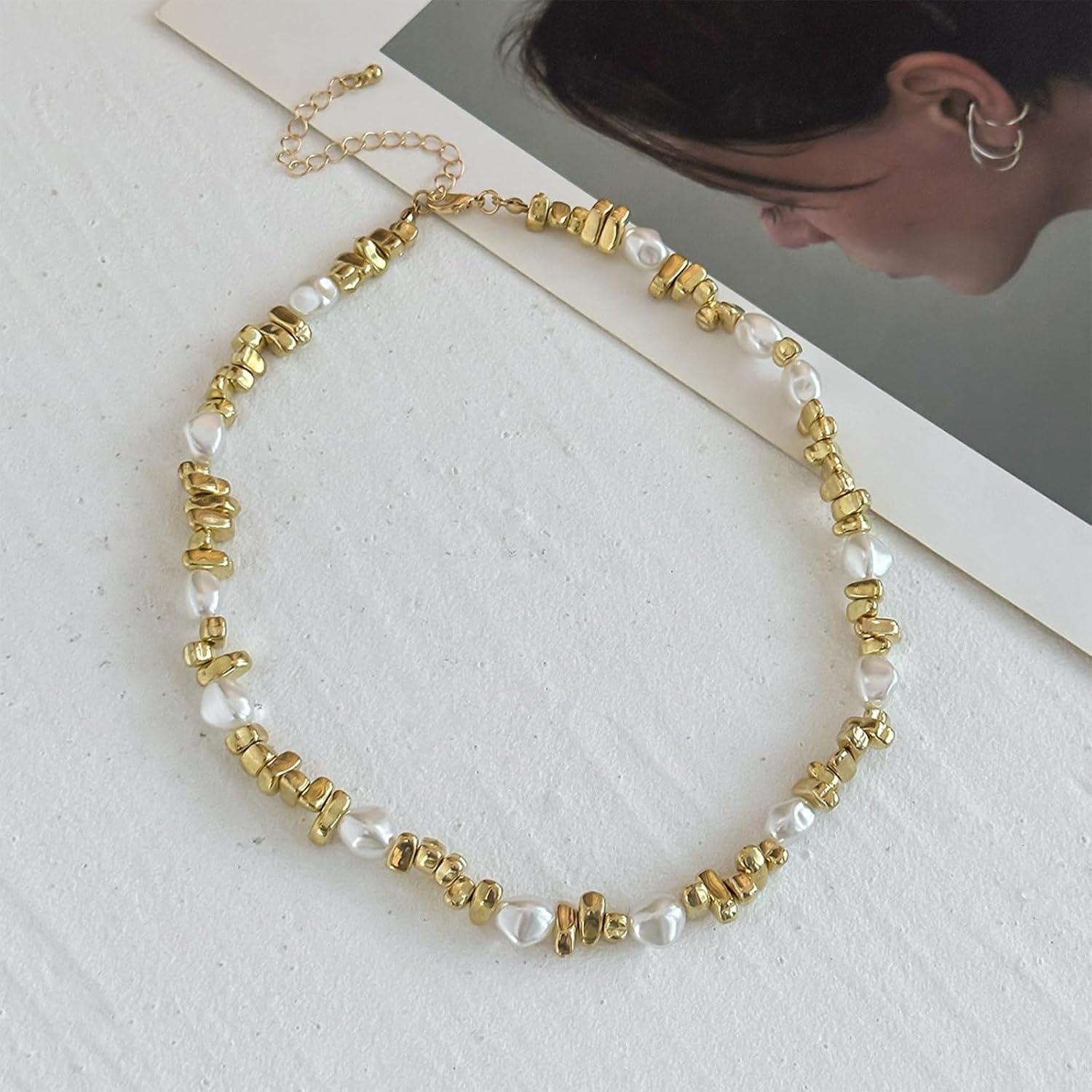 14K Gold Plated Irregular Choker Necklace for Women,Trendy Pearl Hip Hop Statement Collarbone Chain Necklace Fashion Party Band Bar Jewelry Gifts - Image 5