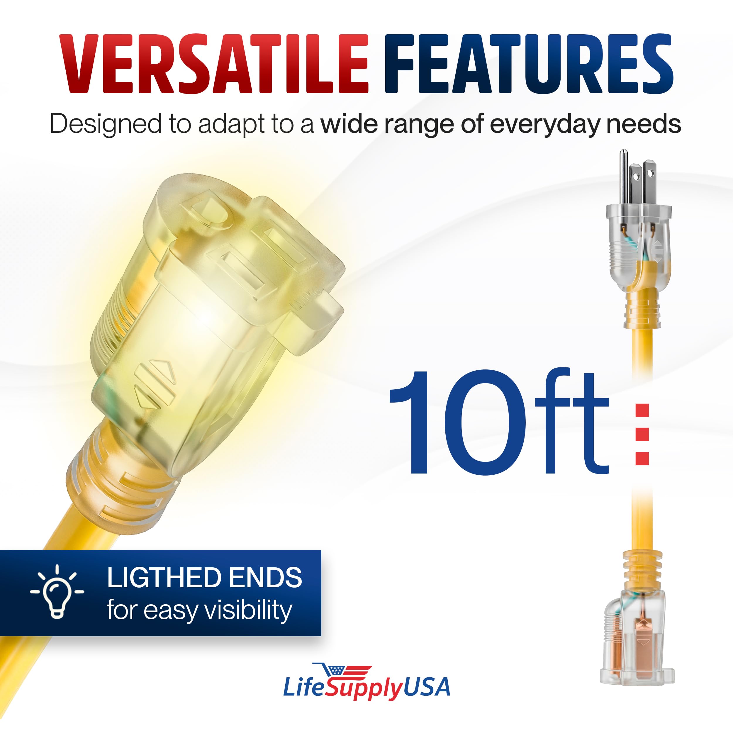 LifeSupplyUSA - Cable de extensión de alimentación de 10 pies para exteriores e interiores, cable de caída eléctrico impermeable, 3 clavijas, calibre 12, 15 amperios, 125 voltios, 1875 vatios, 12/3