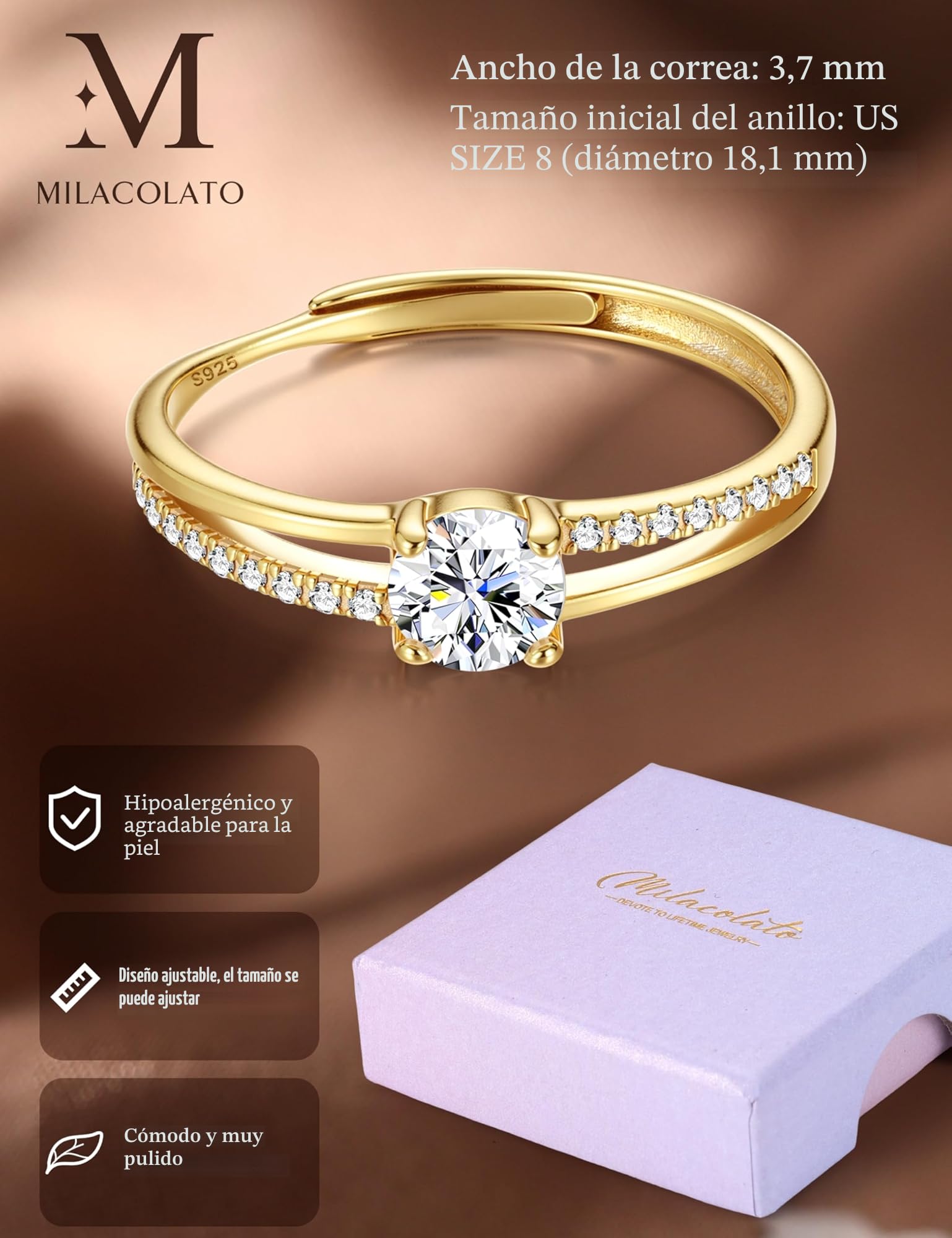 MILACOLATO Anillo de Plata de Ley 925 para Mujer Anillo de Plata Oro Ajustable Zirconia Cúbica Boda Compromiso Eternidad Anillo de Promesa Anillo de Plata para Mujer