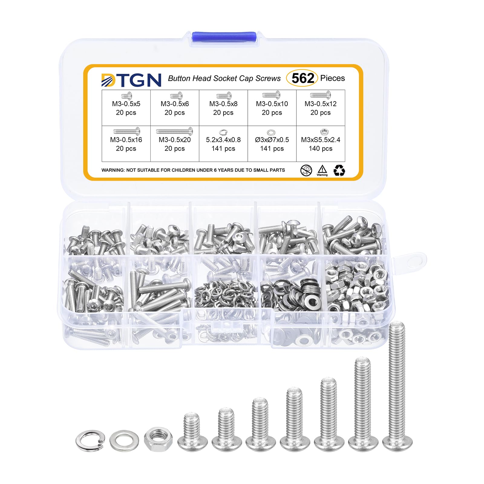 DTGN 562Pcs M3-0.5x4/6/8/10/12/16/20mm Button Head Socket Cap Screws, 304 Stainless Steel Bolt Nut Set Washer Assortment Kit