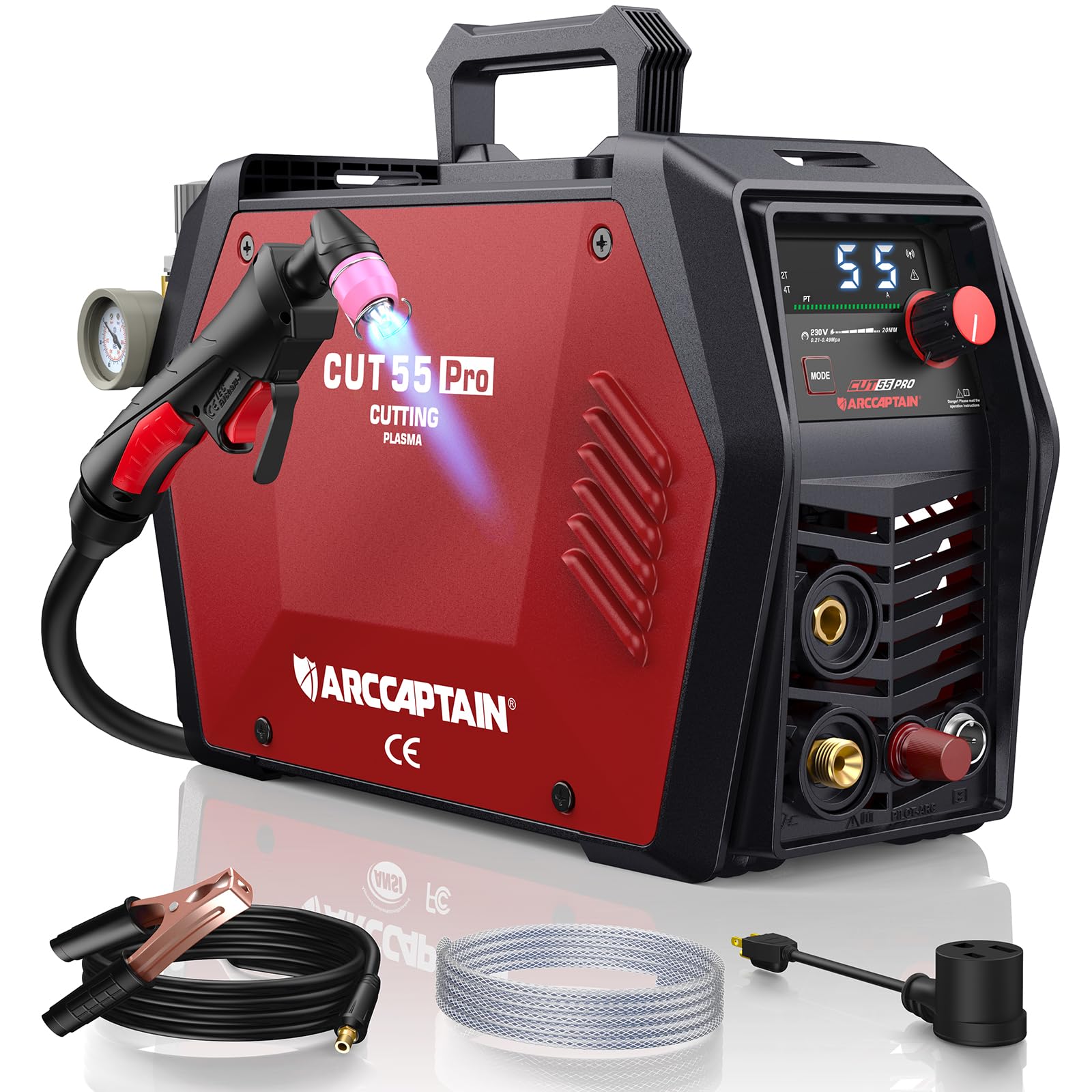 ARCCAPTAIN Cut55 Pro Corte de plasma, [Control vía App] Corte por plasma de 55 Amp con arco Pilot no táctil 120 V/240 V, gran pantalla LED y modo 2T/4T, corte máximo de 3/4 de pulgada