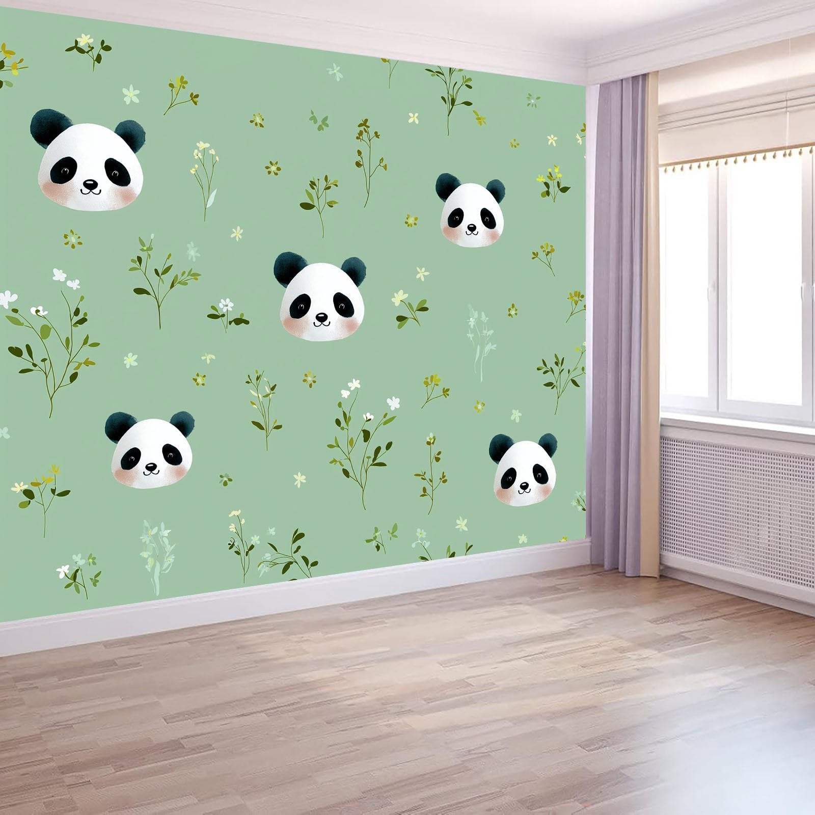 Fototapeta z włókniny, efekt 3D, 200 x 140 cm, kreskówka, zwierzęta, panda, wzór kwiatowy, rośliny, szałwia - panoramiczny obraz ścienny do salonu i sypialni, korytarza, duża dekoracja ścienna, tapeta