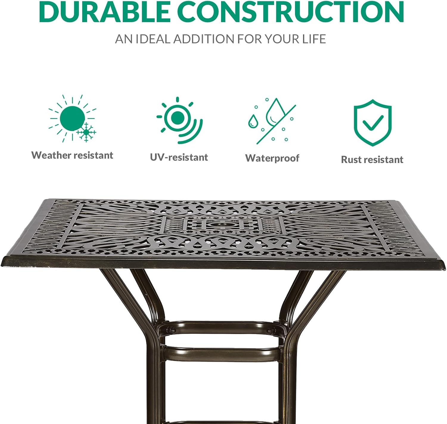VIVIJASON 35.4" Patio Height Bar Table, All-Weather Cast Aluminum Bar Bistro Table Outdoor Patio Square Dining Table with 2.2" Umbrella Hole for Balcony, Lawn, Garden, Backyard, Antique Bronze